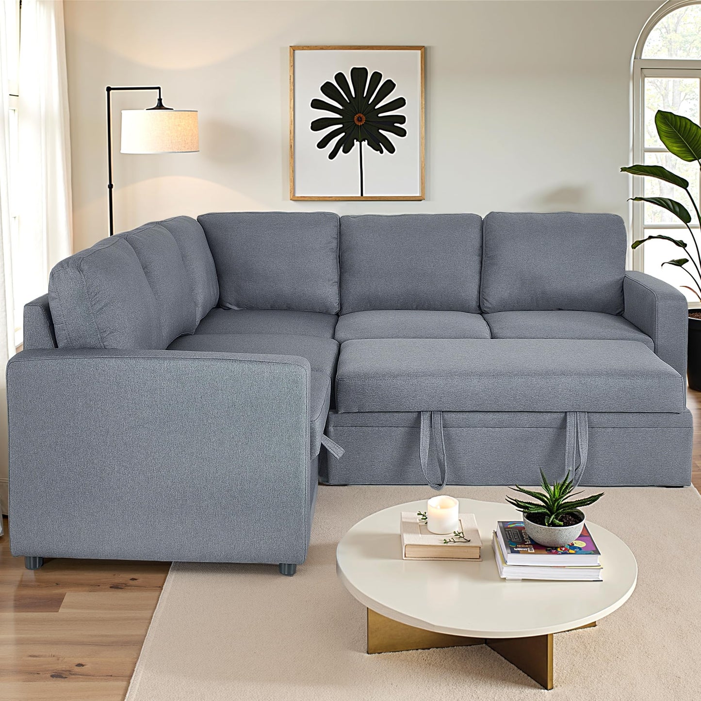 Trygoal Sleeper Sofa Couch with Pull Out Bed, L Shaped Couch Bed with Storage, Sectional Sleep Couches, Convertible Sleeper Sofa Beds W/Reversible Chaise&Back Cushion for Living Room, Grey