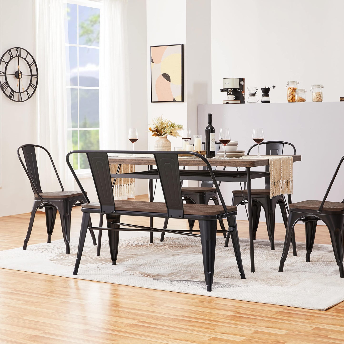 Yaheetech Industrial Metal Dining Bench Mid-Century Farmhouse Bench with Wooden Top Seat and Removable Backrest for Kitchen/Garden, Black