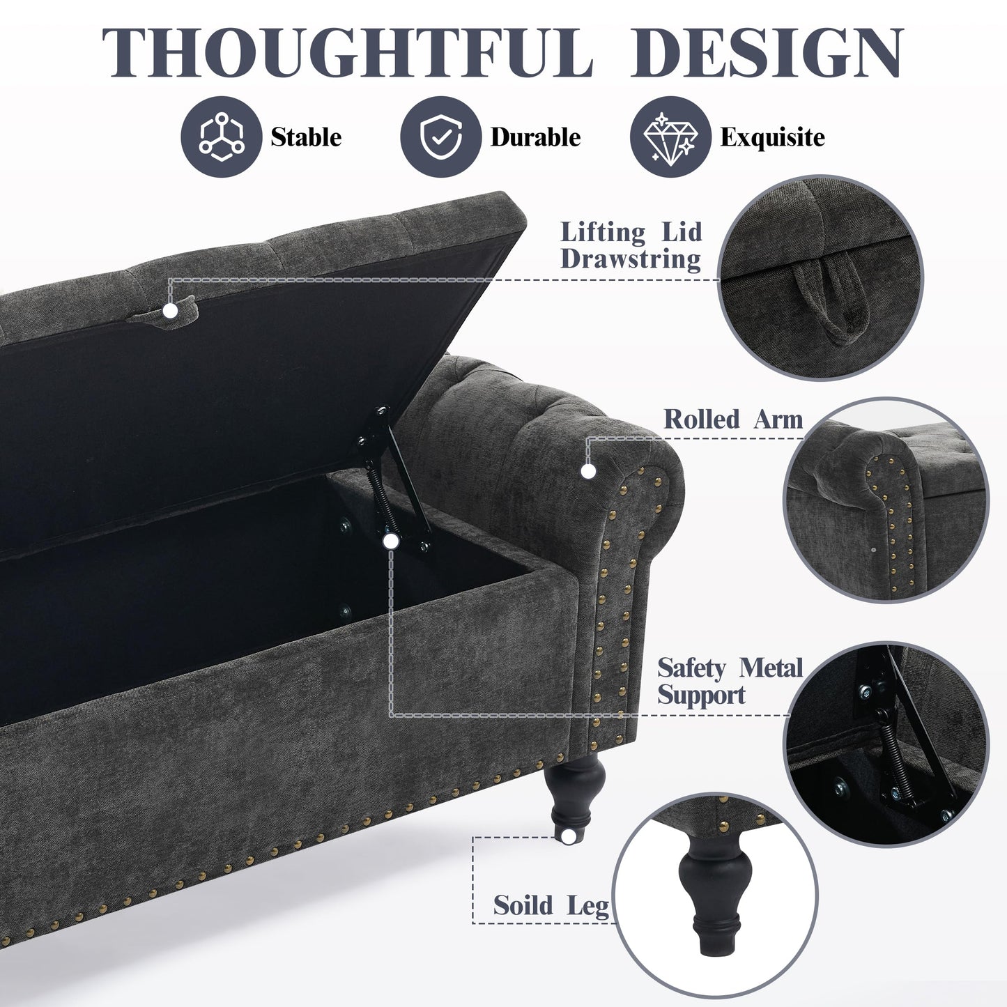 51" Bedroom Storage Bench, End of Bed Bench with Storage, Chenille Upholstered Benches, Ottoman with storage, Window Benches with Rolled Arm and Nailhead Trim for Living Room, Entryway, Dark Gray