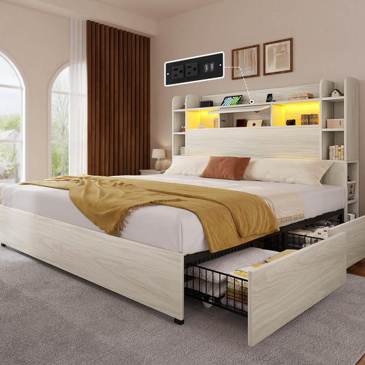YITAHOME Queen Size Bed Frame with Bookcase Headboard and 4 Storage Drawers, RGB LED Bed Frame with Type-C & USB Charging Station Storage Headboard Bed, No Box Spring Needed, Noise Free, Antique White