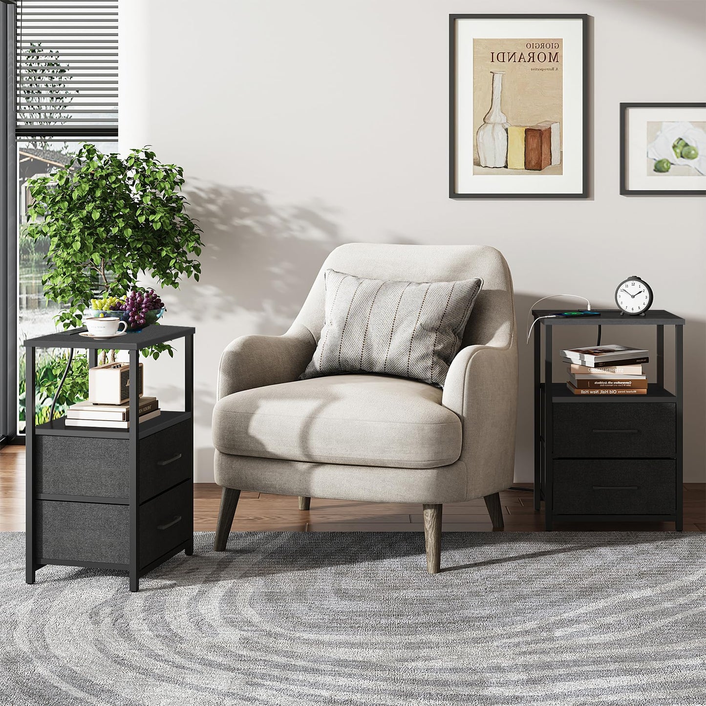 TUTOTAK End Table with Charging Station, Side Table with 2 USB Ports and Outlets, Nightstand with Cloth Drawer, Set of 2, Couch Table, Black TB01BK052