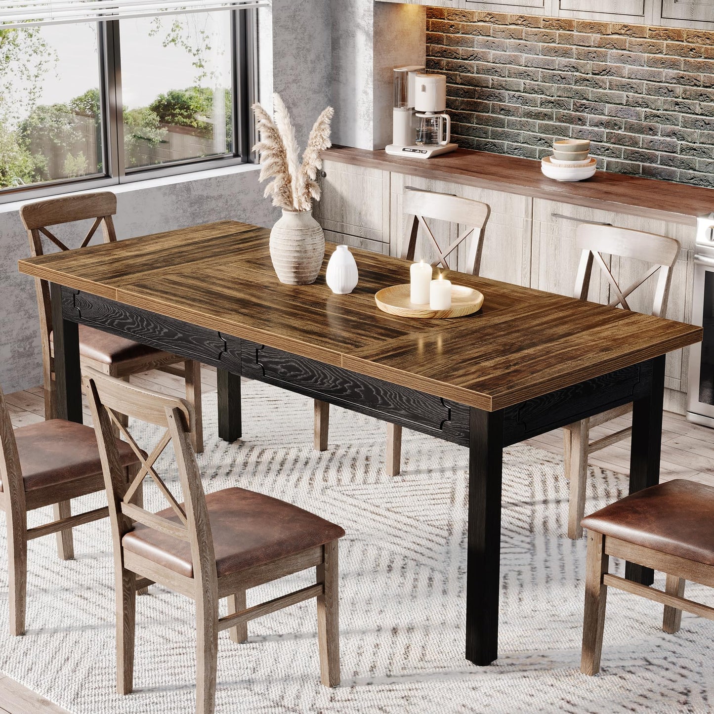 Tribesigns 63-inch Farmhouse Dining Table for 4-6, Rectangular Dining Room Table with Sturdy Legs, Modern Kitchen Dinner Furniture for Dining Room, Living Room, Kitchen, Rustic Brown & Black