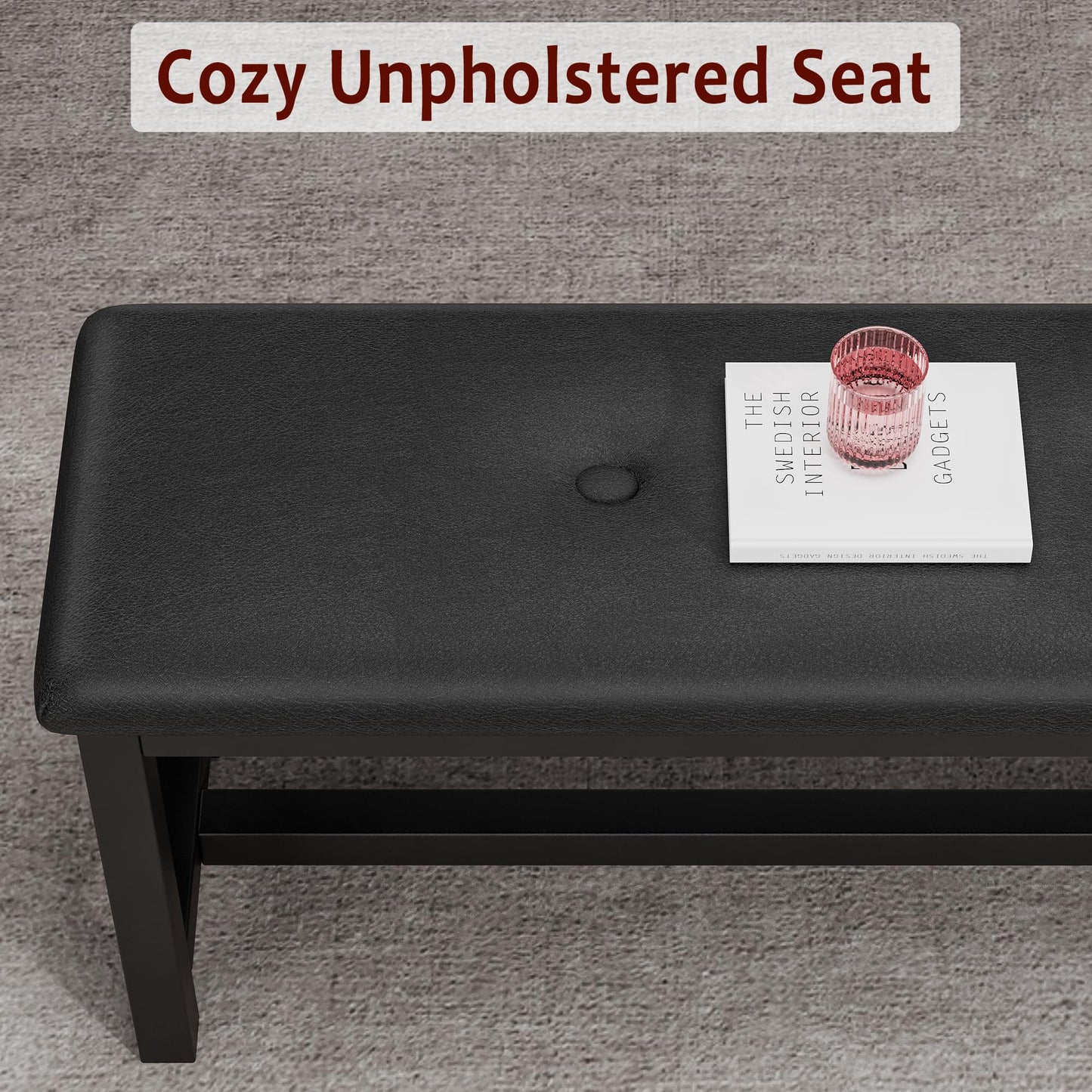 CABIHOME Dining Table Set for 4-6, 63" Extendable Dining Room Table Set With 2 Upholstered Benches, 3 Piece Large Rectangle Kitchen Table Set With Metal Frame for Apartment, Saving Space, Rustic Black