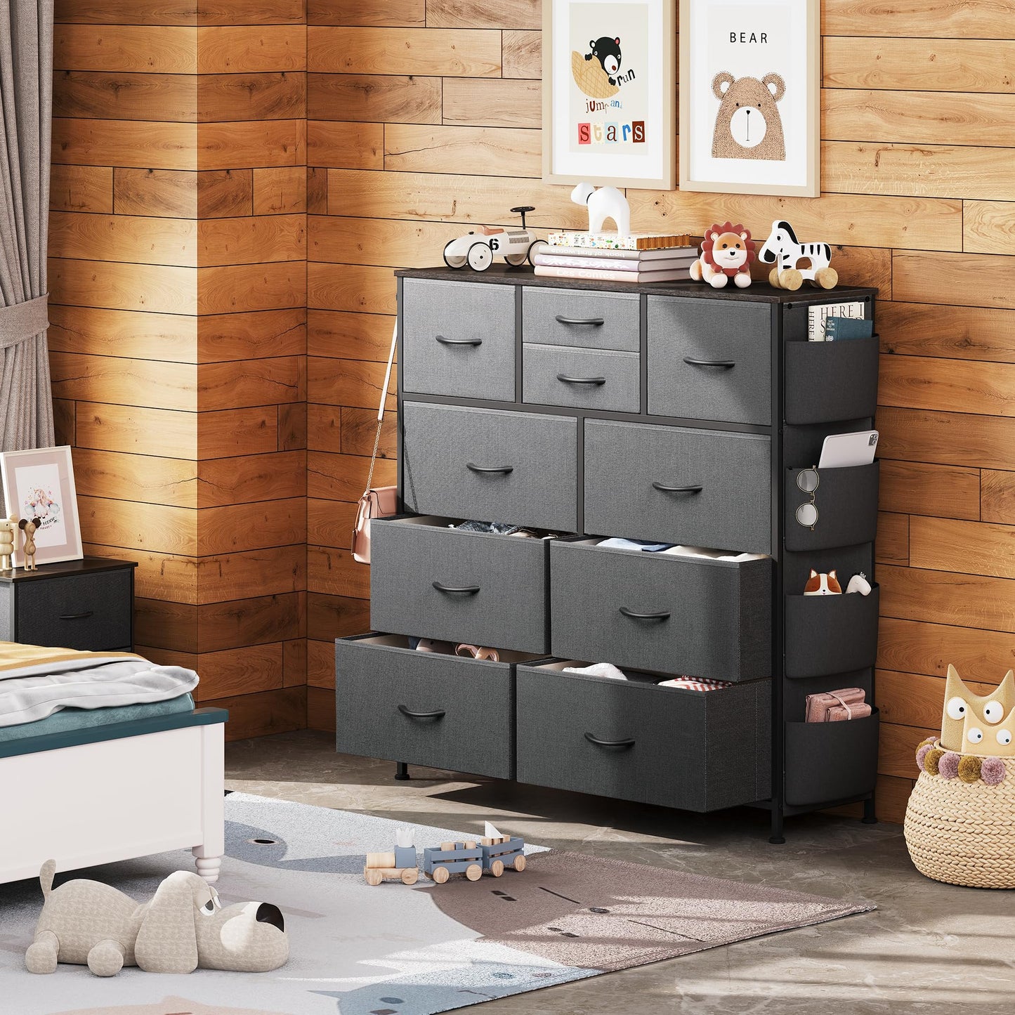 WLIVE Dresser for Bedroom with 10 Drawers, Fabric Dresser Chest of Drawers with Side Pockets and Hooks, Sturdy Metal Frame, Drawers Organizer Unit for Room, Hallway, Dark Gray