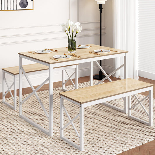 VECELO Kitchen Table with 2 Benches for 4, 43.3'' Wood Dining Room Dinette Sets with Metal Frame for Breakfast Nook and Small Space, Oak