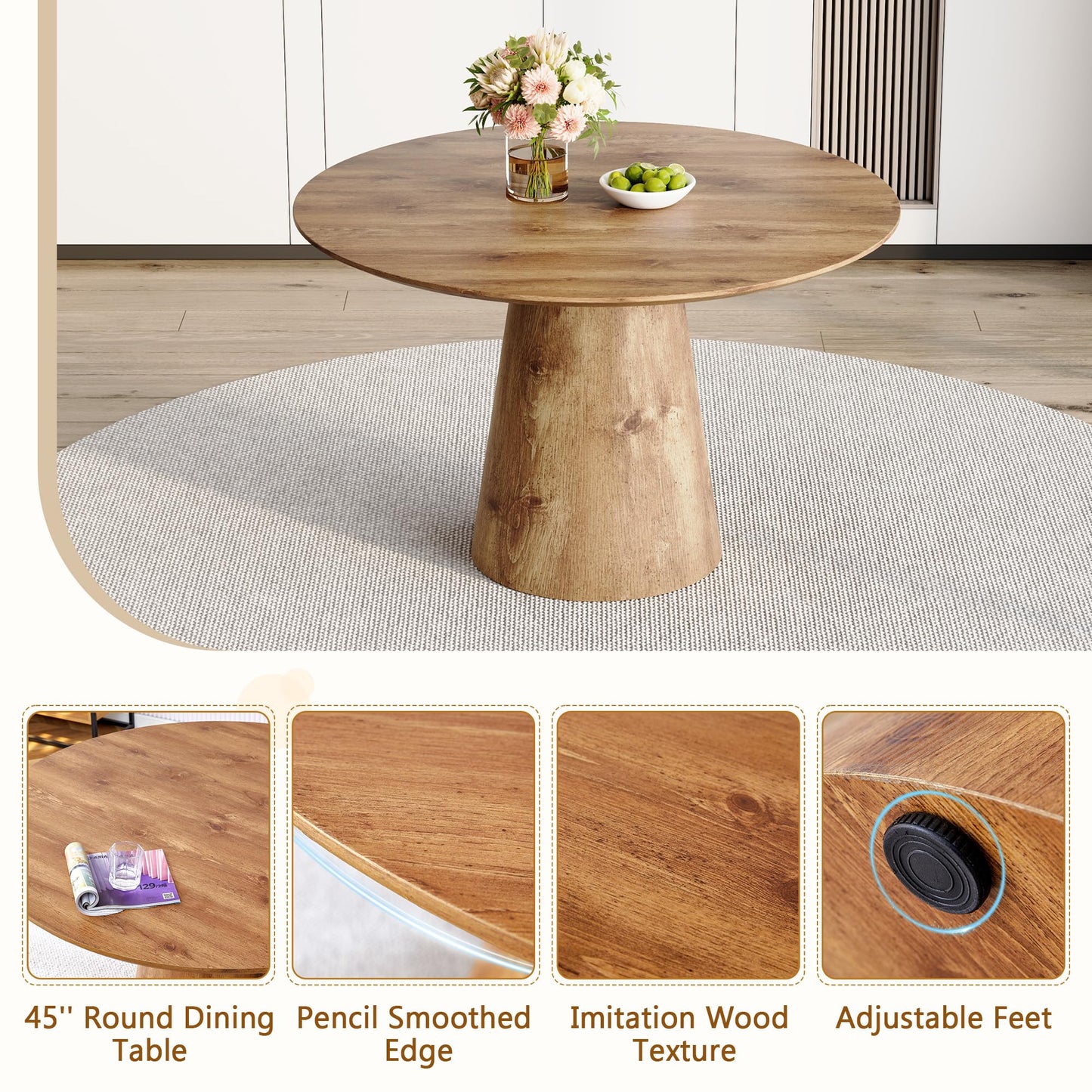 Vohuai Round Dining Table Set for 4,45'' Farmhouse Dining Room Table Set for 4 with Suede Chairs,1" Thick Wood Pattern Tabletop with Conical Base,Round Kitchen Table Set for Dining Room,Apartment