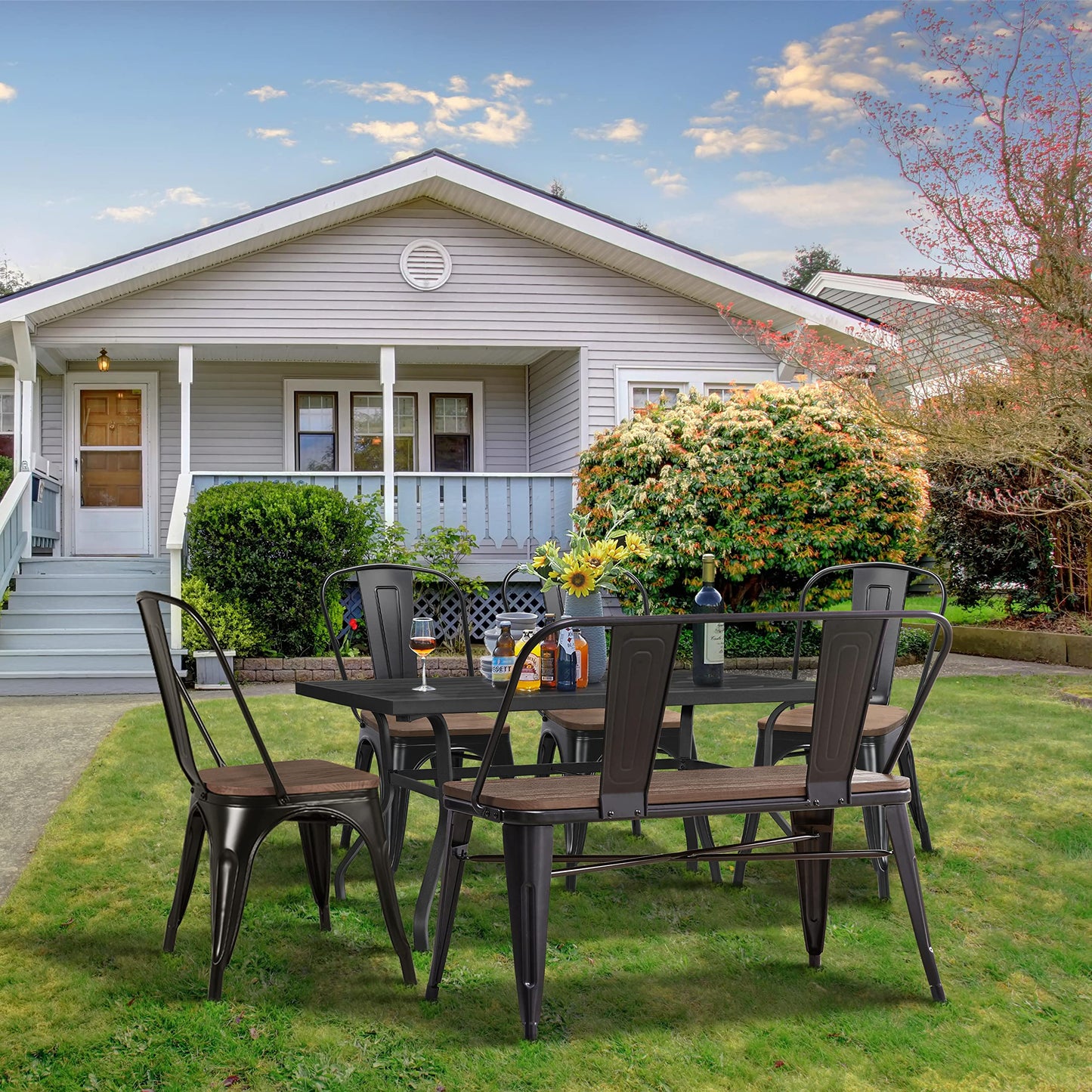 Yaheetech Industrial Metal Dining Bench Mid-Century Farmhouse Bench with Wooden Top Seat and Removable Backrest for Kitchen/Garden, Black