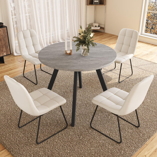 Zerifevni 34.6'' Dining Table and Chairs for 4, Mid Century Modern Round Table Set, Space Saving for Apartment Kitchen Dining Room (Grey Table+4 U-Shaped White Chairs)