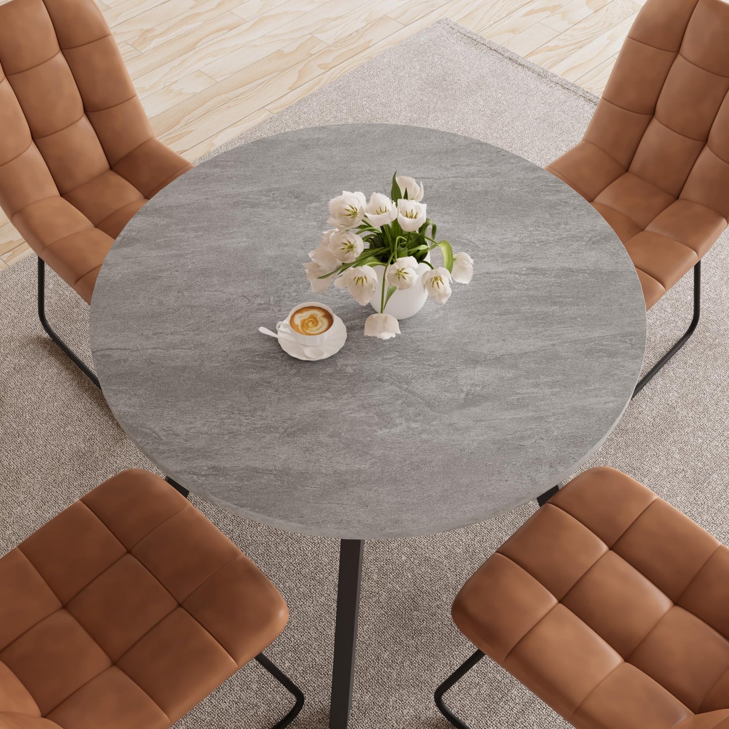 Zerifevni 34.6'' Dining Table and Chairs for 4, Mid Century Modern Round Table Set, Space Saving for Apartment Kitchen Dining Room (Grey Table+4 U-Shaped Brown Chairs)