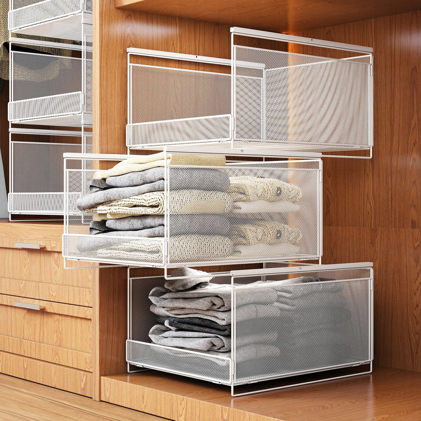 WOCUBEHOME 3-Tier Stackable Metal Closet Organizers and Storage Drawers, Open Front Storage Bins for Wardrobe, RV, Sweater, Jeans, White, 3xM(16.5" D x 12.2" W x 6.6" H)