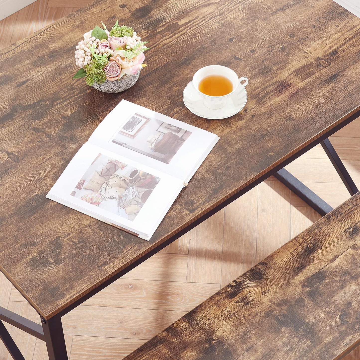 VECELO Kitchen Table with 2 Benches for 4, 43.3'' Wood Dining Room Dinette Sets with X Metal Frame for Breakfast Nook and Small Space, Brown