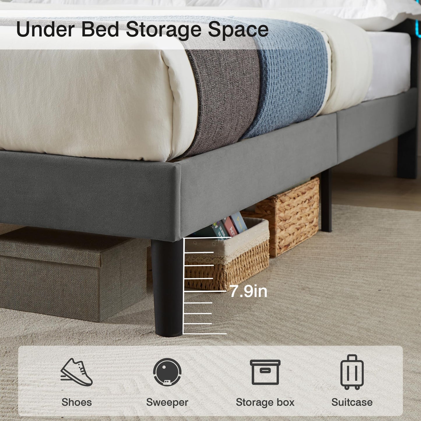 VECELO Upholstered Twin Bed Frame with Headboard Adjustable, Velvet Platform Bed with LED Lights, Charging Station, Mattress Foundation with Wooden Slats, Noise Free, No Box Spring Needed, Dark Grey