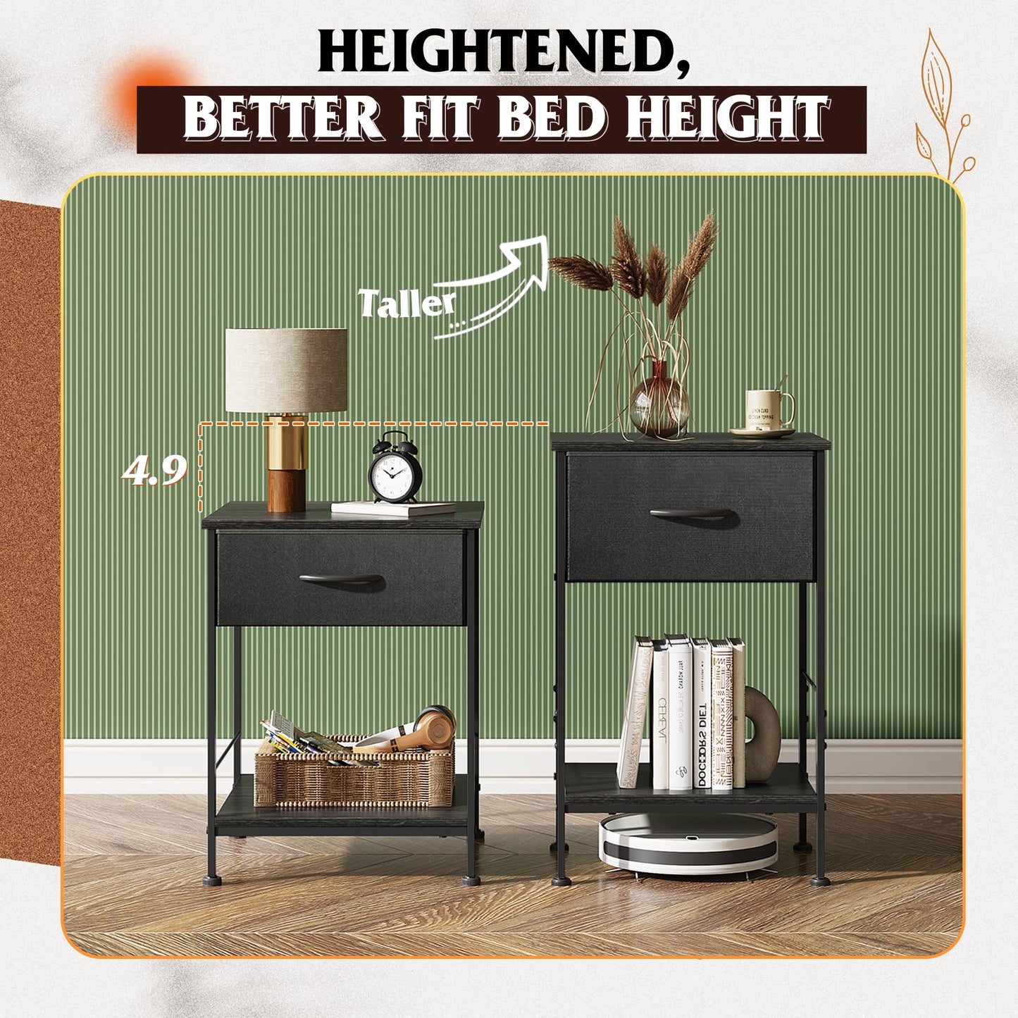 WLIVE Night Stand Set 2, Black Nightstand with Fabric Storage Drawer and Open Wood Shelf, Nightstand Set of 2 with Steel Frame, Side Table for Bedroom, Dorm, Charcoal Black, 25.03" Height
