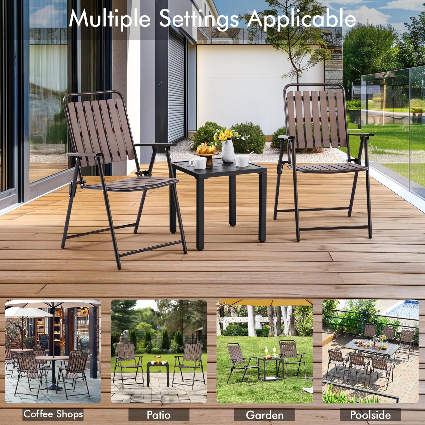 Yaheetech Folding Patio Chair Set of 4, Outdoor Dining Chair with Armrests, Plastic Patio Chair for Porch, Deck, Garden, Backyard, No Assembly Espresso