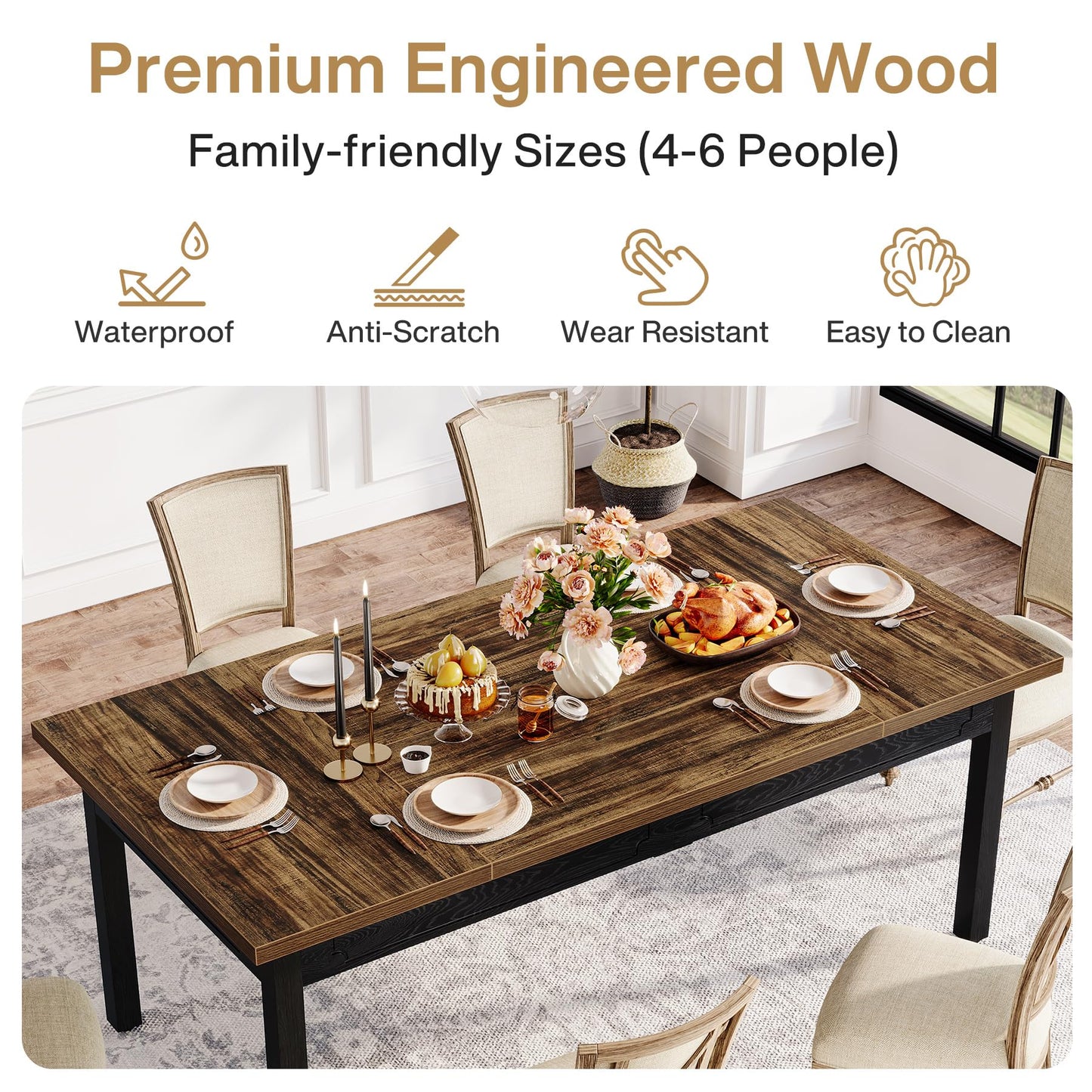 Tribesigns 63-inch Farmhouse Dining Table for 4-6, Rectangular Dining Room Table with Sturdy Legs, Modern Kitchen Dinner Furniture for Dining Room, Living Room, Kitchen, Rustic Brown & Black