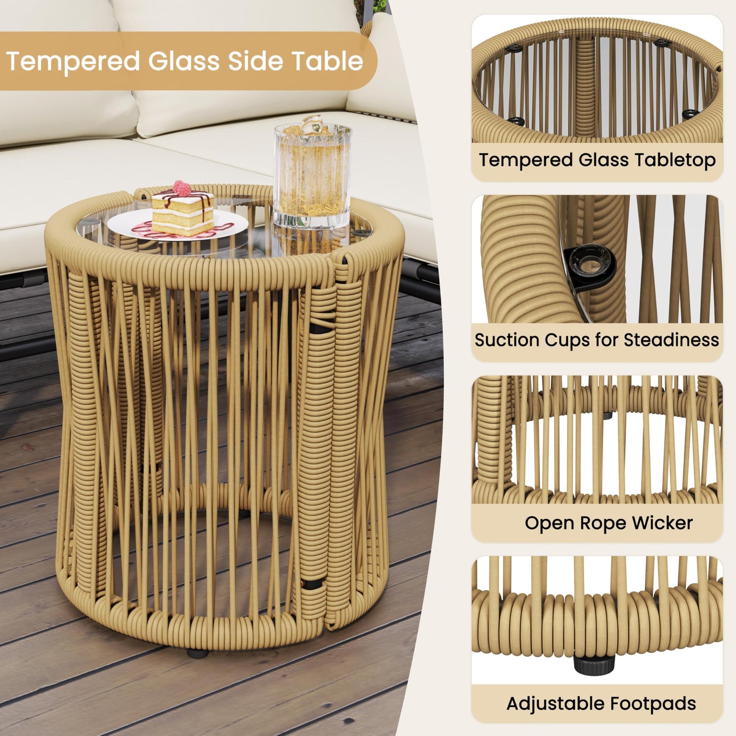 Yaheetech 3 Pieces L-Shaped Conversation Sofa Set, Outdoor Patio Furniture Set w/Detachable Lounger, Thick Cushions, Glass Side Table for Patio, Backyard, Porch, Garden