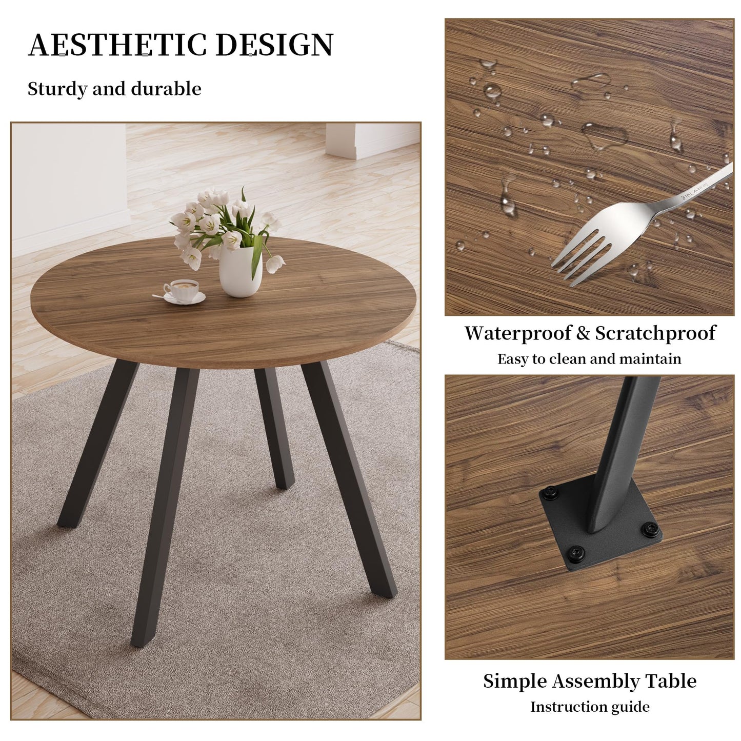 Zerifevni 34.6'' Round Dining Table and Chairs for 4 Space Saving for Apartment Kitchen Dining Room (Walnut Table+4 U-Shaped Brown Chairs)