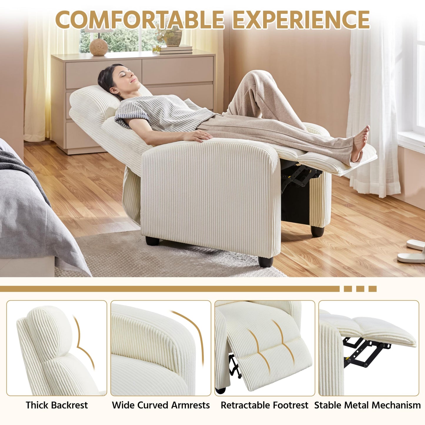 Yaheetech Corduroy Recliner Chair Single Sofa Home Theater Seating Adjustable Modern Reclining Chair for Living Room Bedroom Home Theater Beige