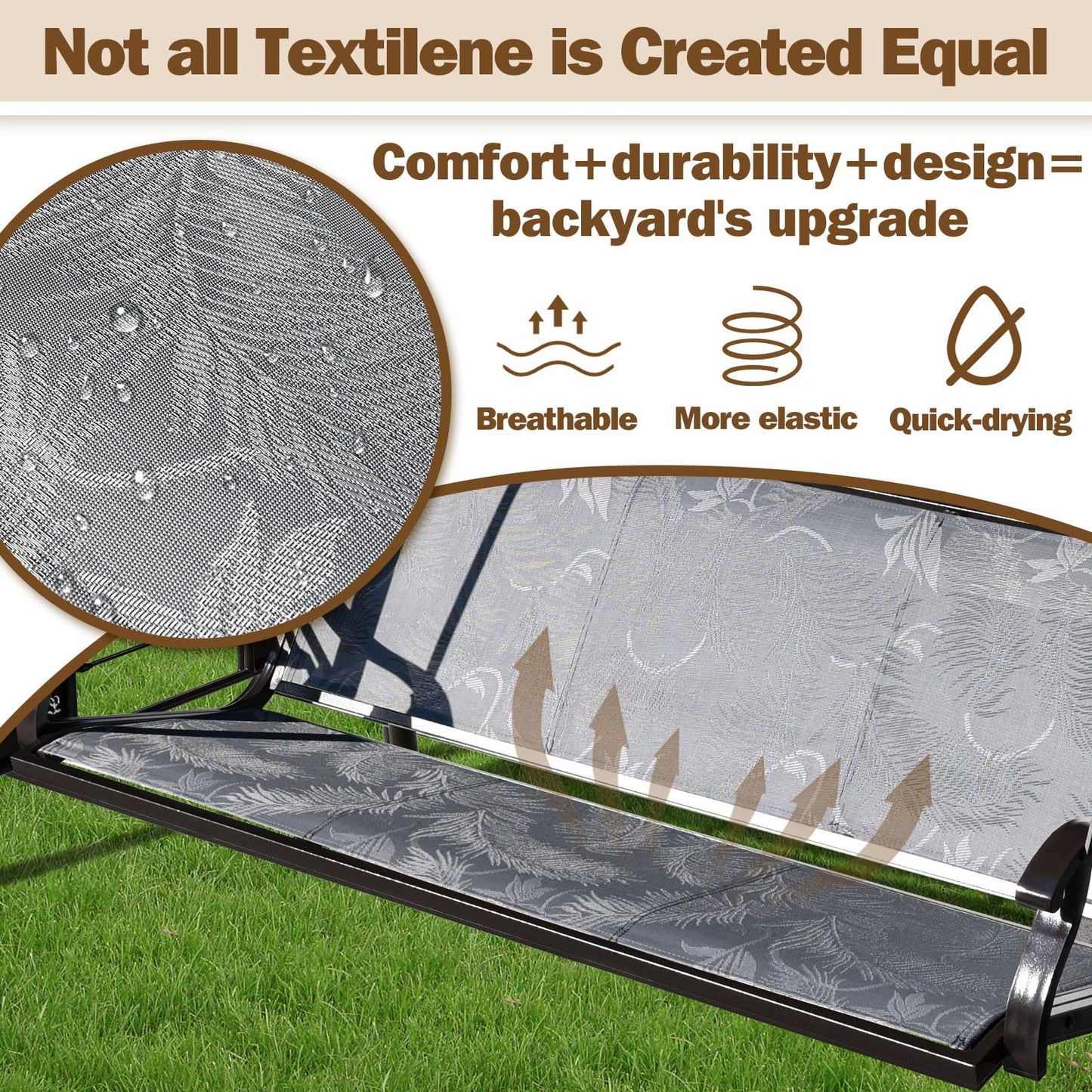 ZZW 3 Person Patio Swing Outdoor Swing for Adults with Adjustable Canopy &Upgraded Cup Holders Textilene Fabric Porch Swing Chair with Stand Heavy Duty 800 LBS