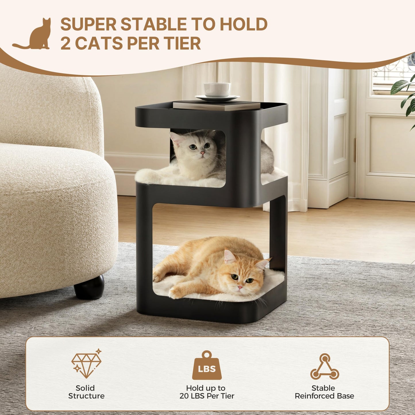 EUREKA ERGONOMIC Side Table Cat Beds, Metal Nightstand with Cat House, Square End Table with 3 Tier Storage, Modern Side Table Small End Beside Table for Living Room Bedroom Indoor, No Assembly, Black