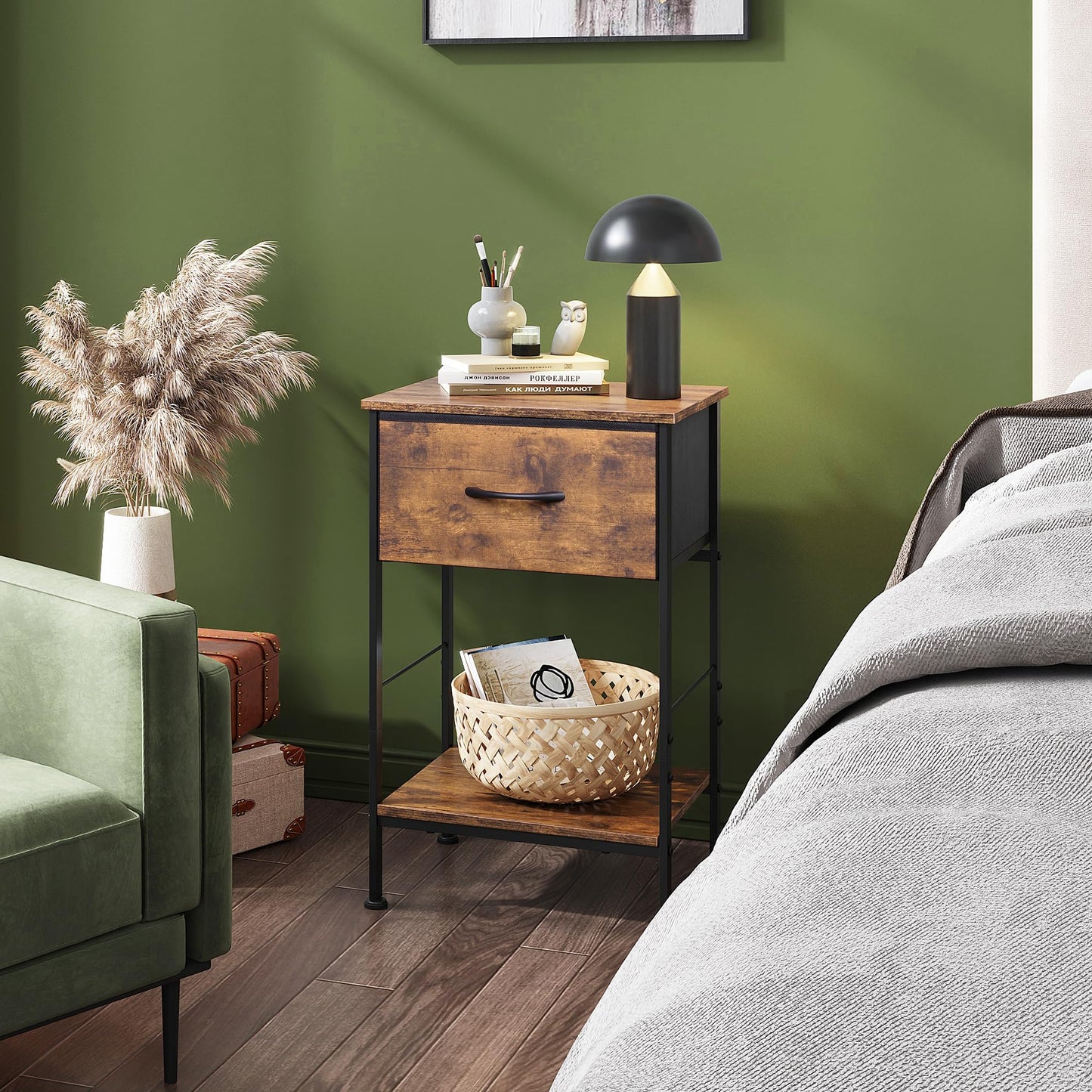 WLIVE Nightstand Set of 2, End Table with Fabric Storage Drawer and Open Wood Shelf, Bedside Furniture with Steel Frame, Side Table for Bedroom, Dorm, Rustic Brown Wood Grain Print, 25.03" Height