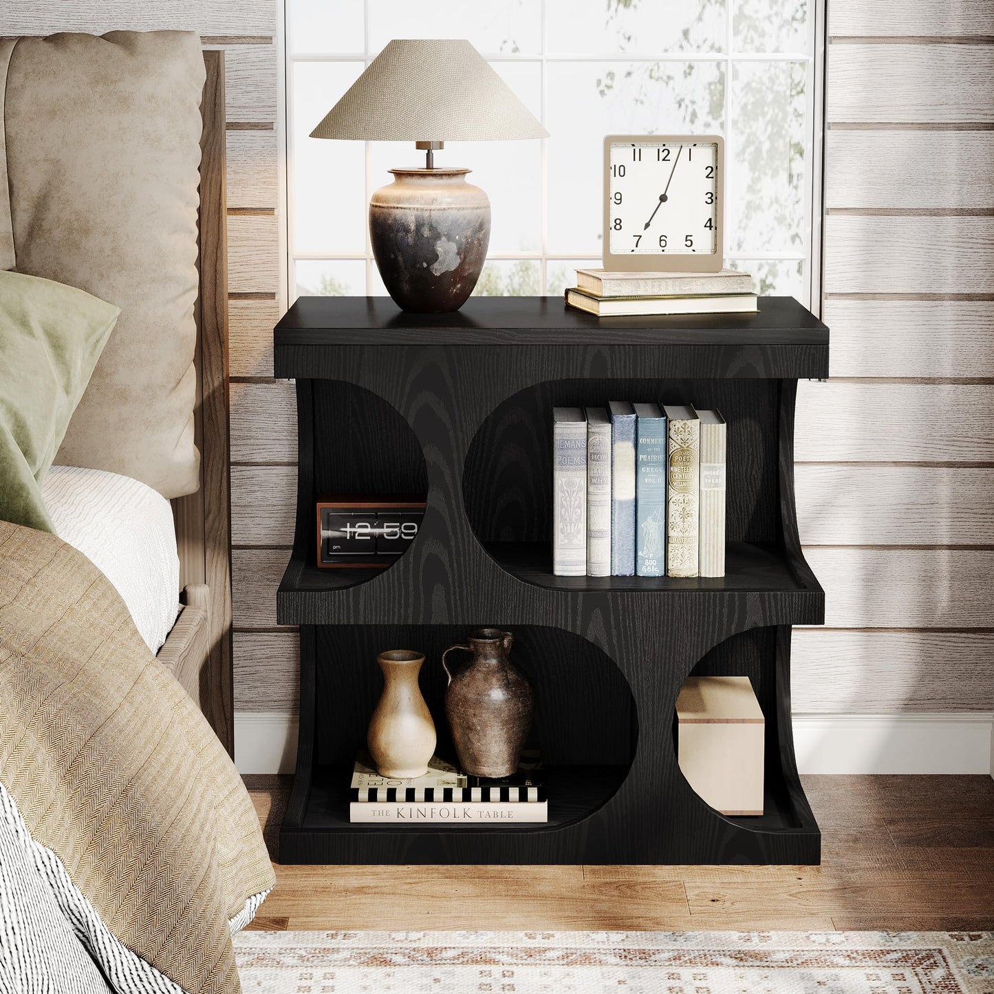 Tribesigns Black End Table for Living Room, Modern S-Shape Side Tables with 2-Tier Storage Shelf, Retro Bedside Nightstands for Bedroom, Easy Assembly