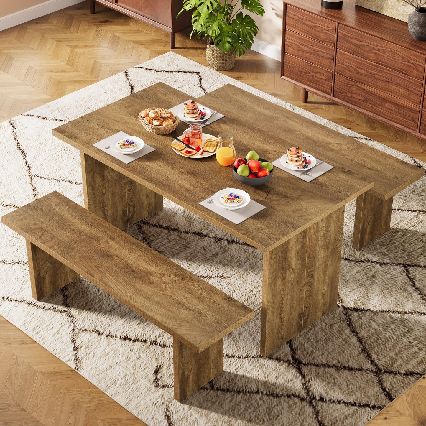 Tribesigns 3 Pieces Dining Table Set with 2 Benches, 55" Farmhouse Kitchen Table Set for 4-6, Rectangular Wooden Heavy Duty Dinette for Kitchen, Dining Room, Brown