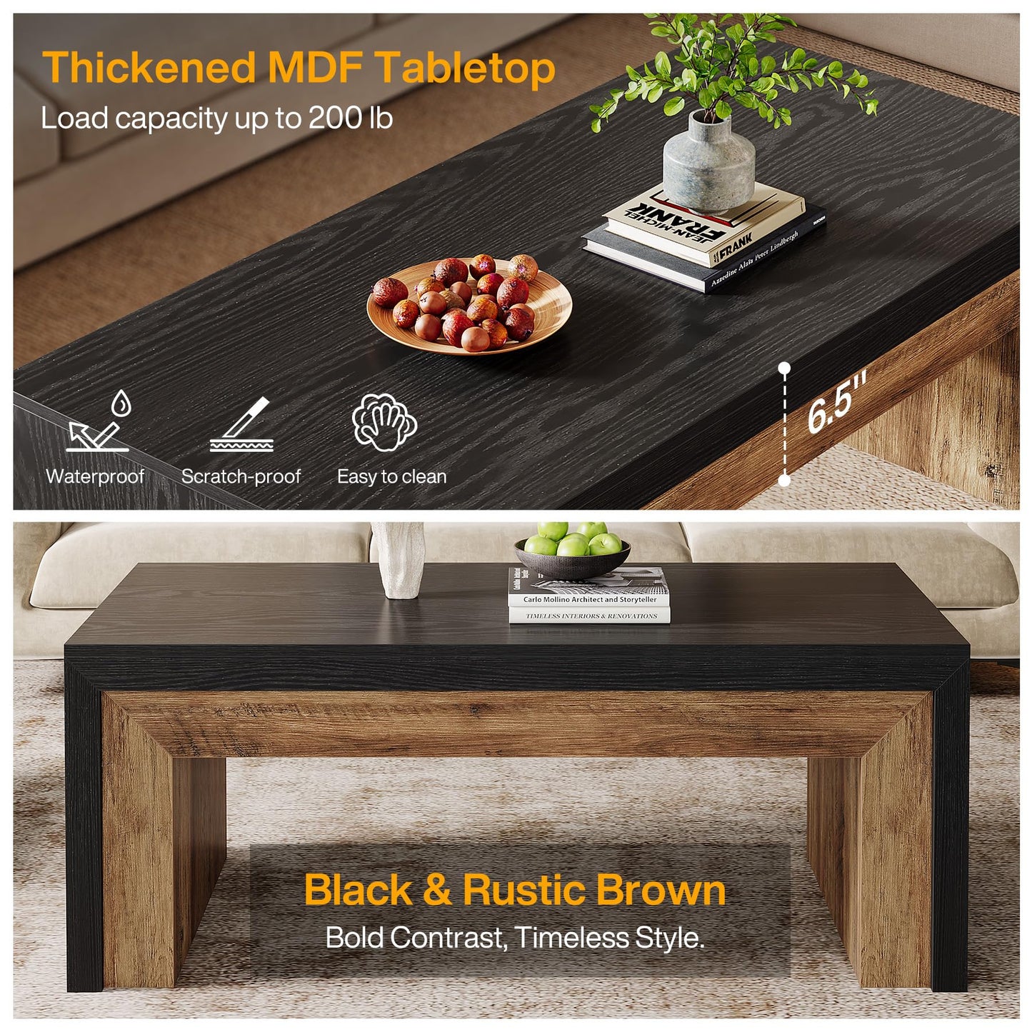 Tribesigns Farmhouse Coffee Table for Living Room, Mid-Century Modern Coffee Table with Sturdy Base, Large Rectangle Accent Center for Apartment, Easy Assembly (Black & Walnut)