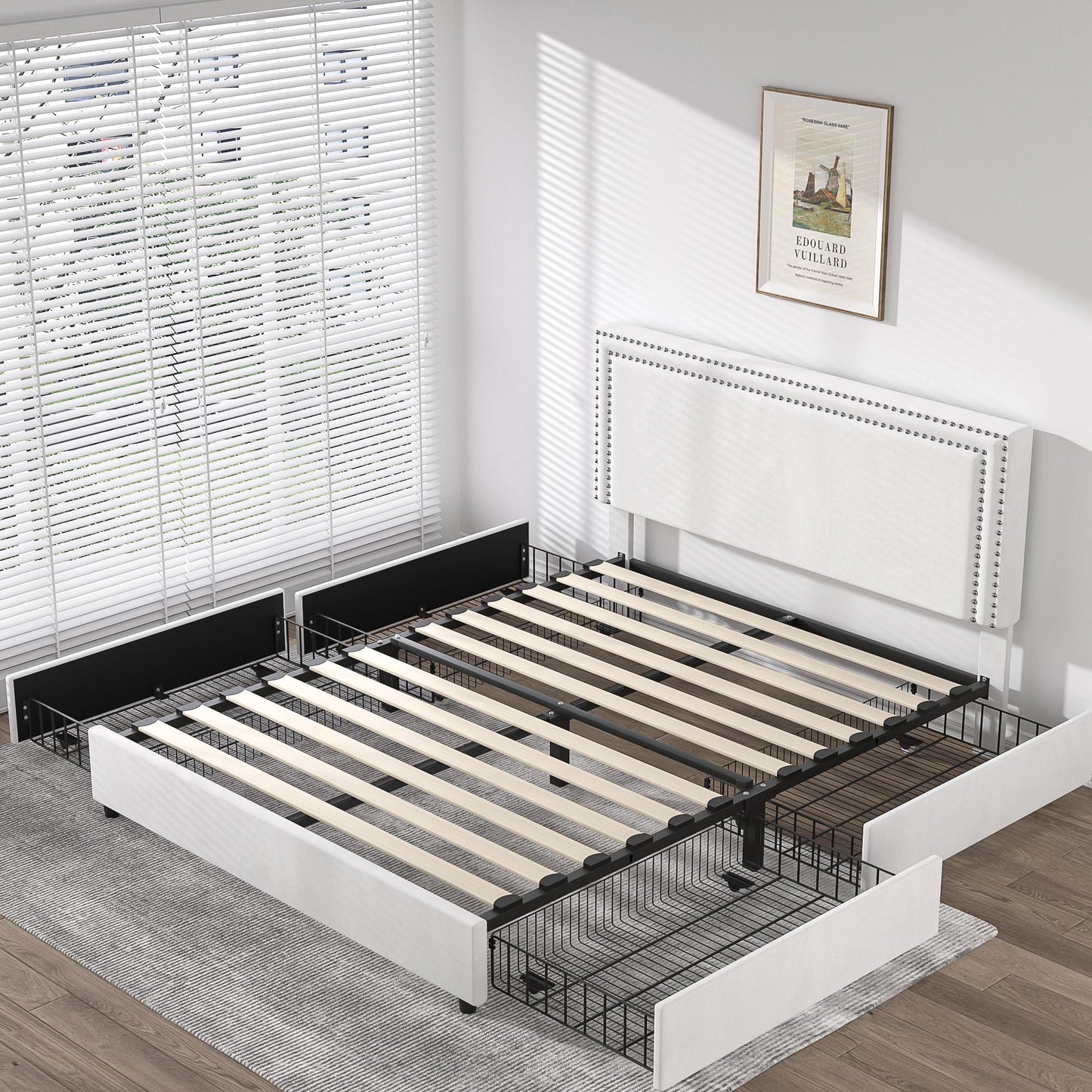 VECELO Full Size Upholstered Platform Bed Frame with 4 Storage Drawers, Adjustable Velvet Rivets Headboard, Wooden Slats Support, No Box Spring Needed, Easy Assembly