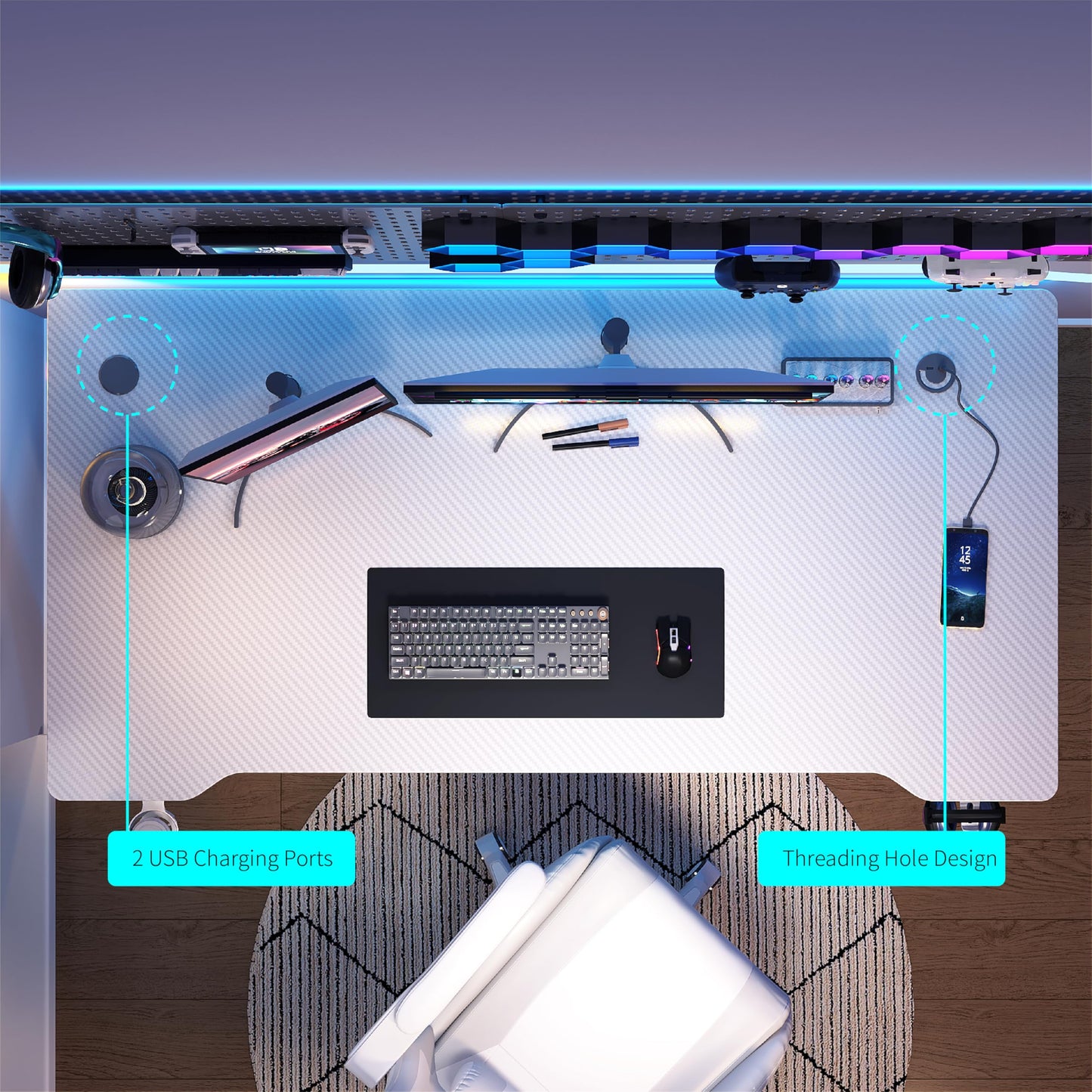 AZN Gaming Desk with 2 USB Charging Ports, Small Desk Gaming Table for Home Office, Computer Desk with Headphone Holder, Cup Holder, Cable Management Box (White, 55 Inch)