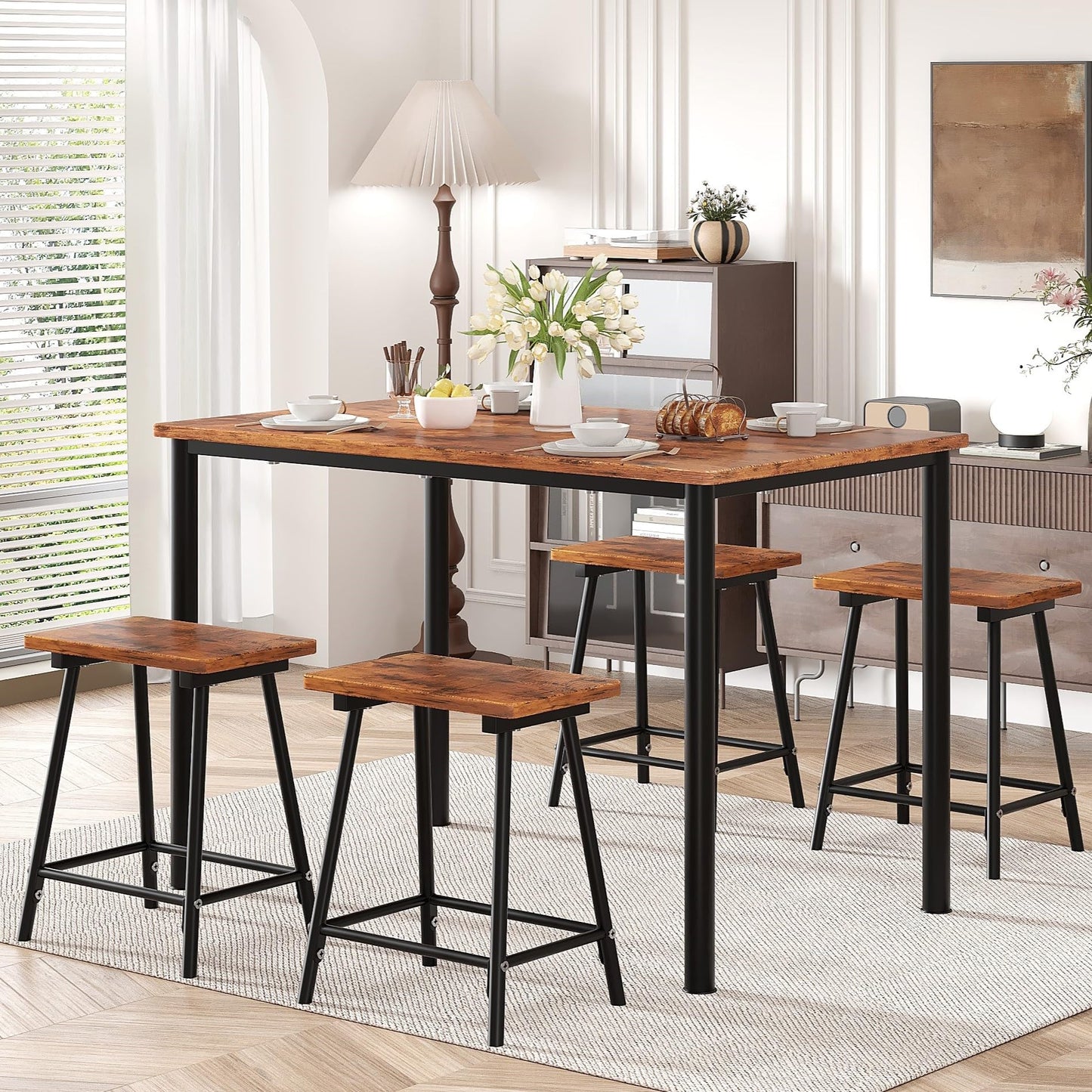 VECELO Kitchen Table and Chairs for 4, Dining Room Set with Chairs/Stools, Heavy-Duty Metal Frame with Wooden Tabletop for Small Spaces, Easy Assembly, Retro Brown