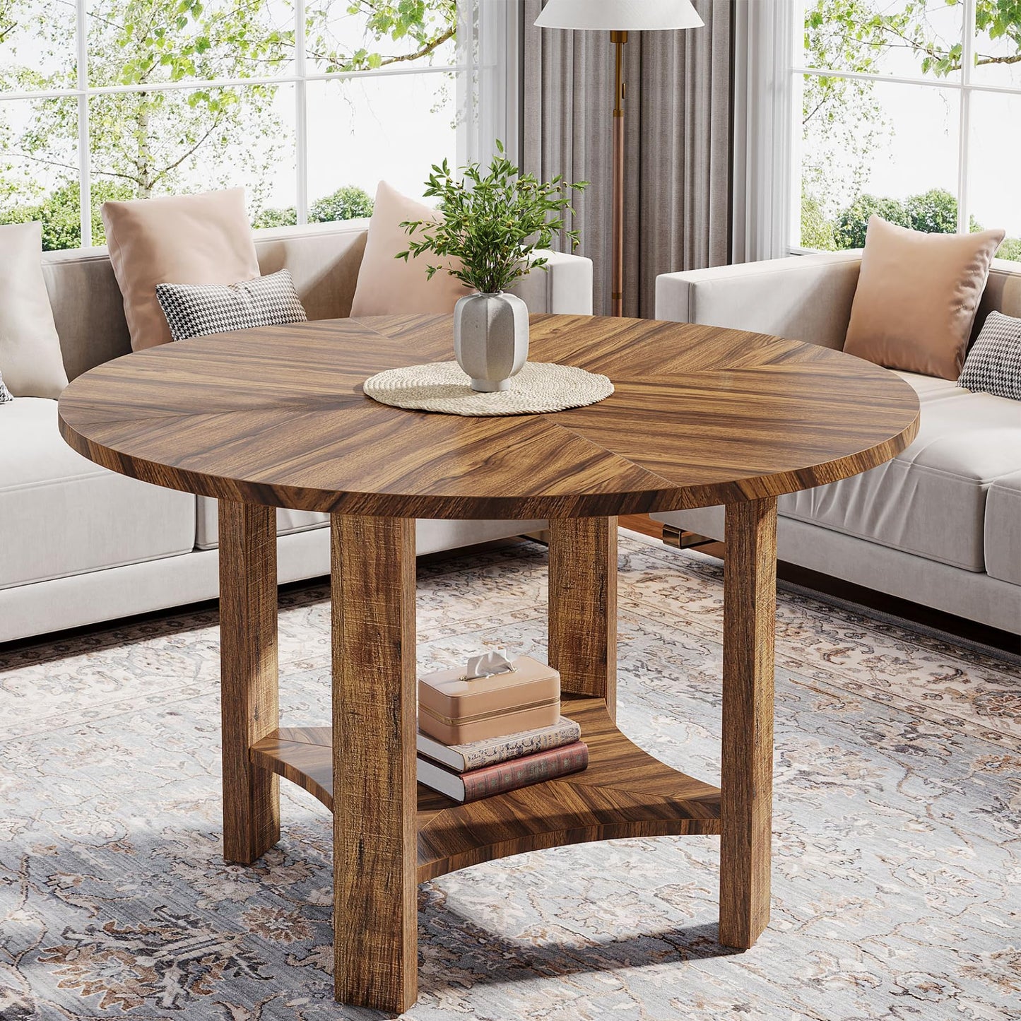 Tribesigns 47-Inch Round Dining Table for 4, Farmhouse Kitchen Table with Storage Shelf, Wooden Circle Dinner Table for Dining Room, Living Room, Small Spaces (Walnut)