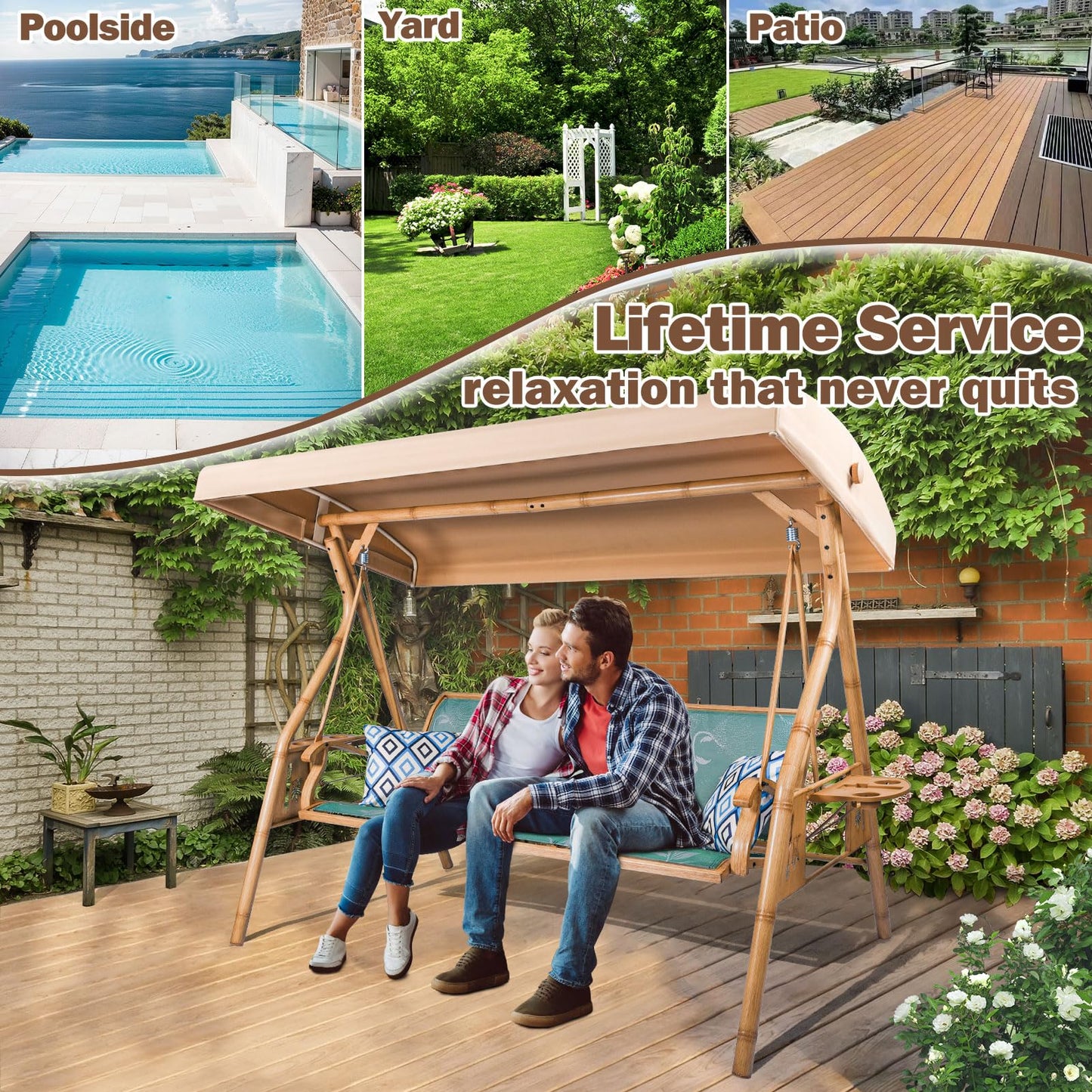 ZZW 3 Person Patio Swing Outdoor Swing for Adults with Adjustable Canopy &Upgraded Cup Holders Textilene Fabric Porch Swing Chair with Stand Heavy Duty 800 LBS