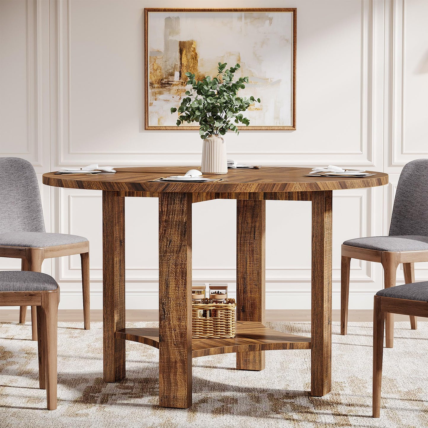 Tribesigns 47-Inch Round Dining Table for 4, Farmhouse Kitchen Table with Storage Shelf, Wooden Circle Dinner Table for Dining Room, Living Room, Small Spaces (Walnut)