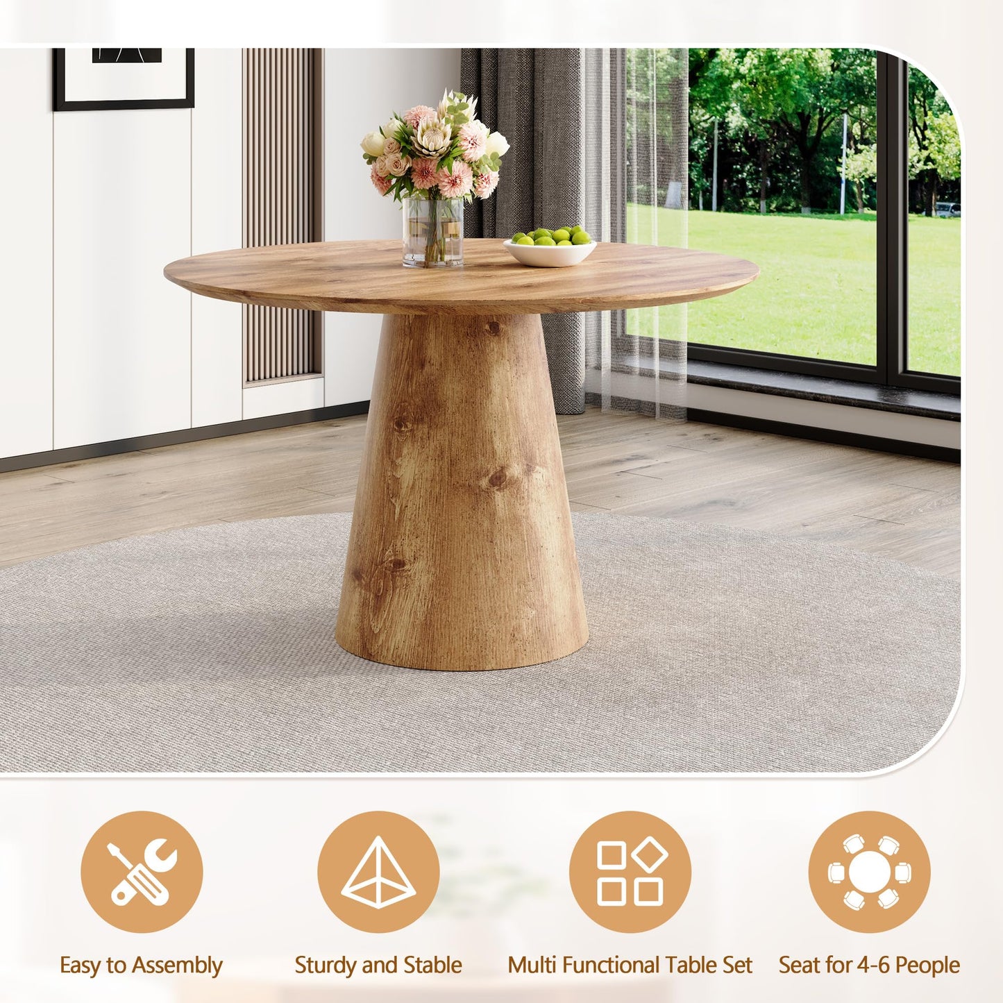 Vohuai Round Dining Table Set for 4,45'' Farmhouse Dining Room Table Set for 4 with Suede Chairs,1" Thick Wood Pattern Tabletop with Conical Base,Round Kitchen Table Set for Dining Room,Apartment