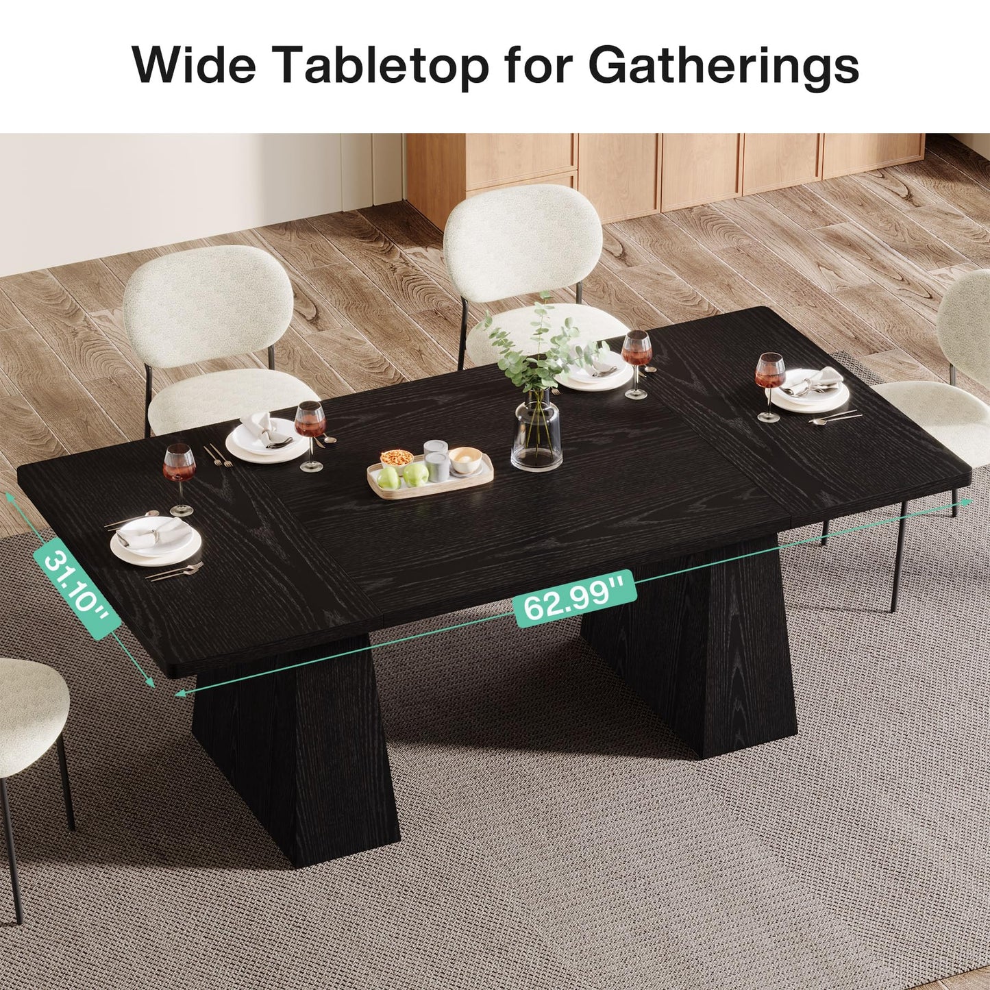 Tribesigns Dining Table for 6, Farmhouse Wood Dinner Rectangular Table Kitchen Table with Double Pedestal, 63" L x 31.5" W x 30" H, Black