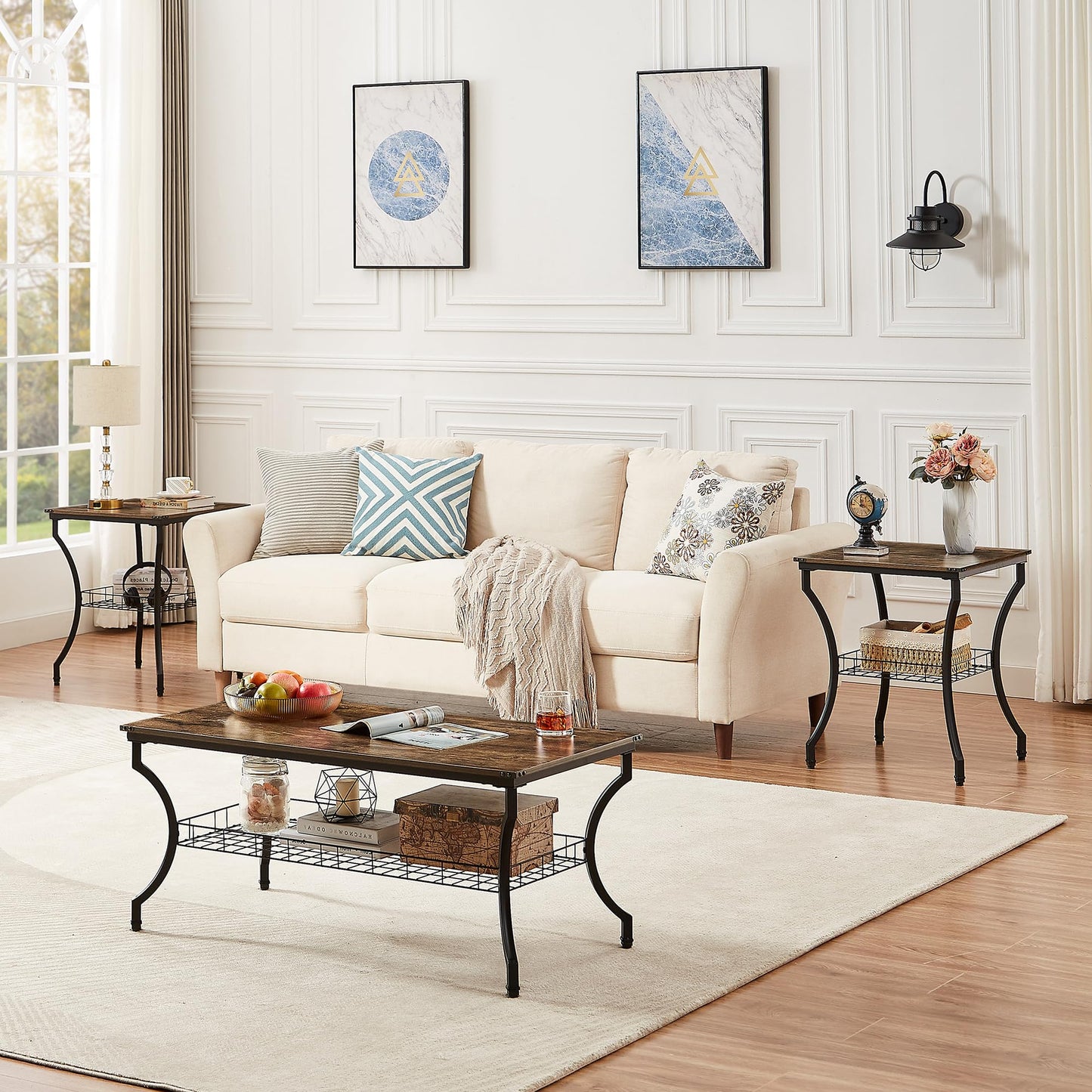 VECELO 3 Pieces Living Room Table Sets, Coffee and End Tables with Open Storage Shelves for Apartment, Home Office, Small Space, Easy Assembly, Brown