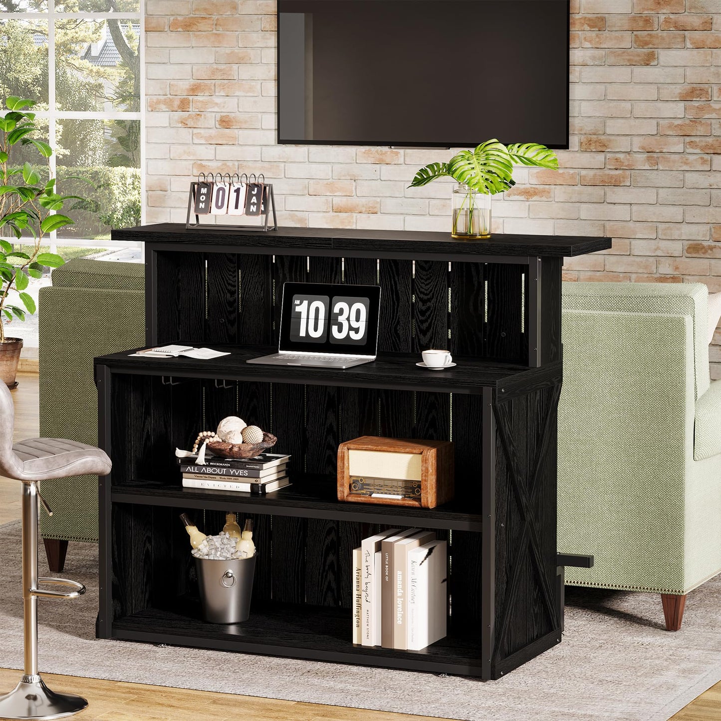 Tribesigns Home Bar Unit, 4-Tier Black Bar Table Height Pub Table with Footrest, 55-Inch Modern Wine Bar Cabinet for Home Pub, Bistro
