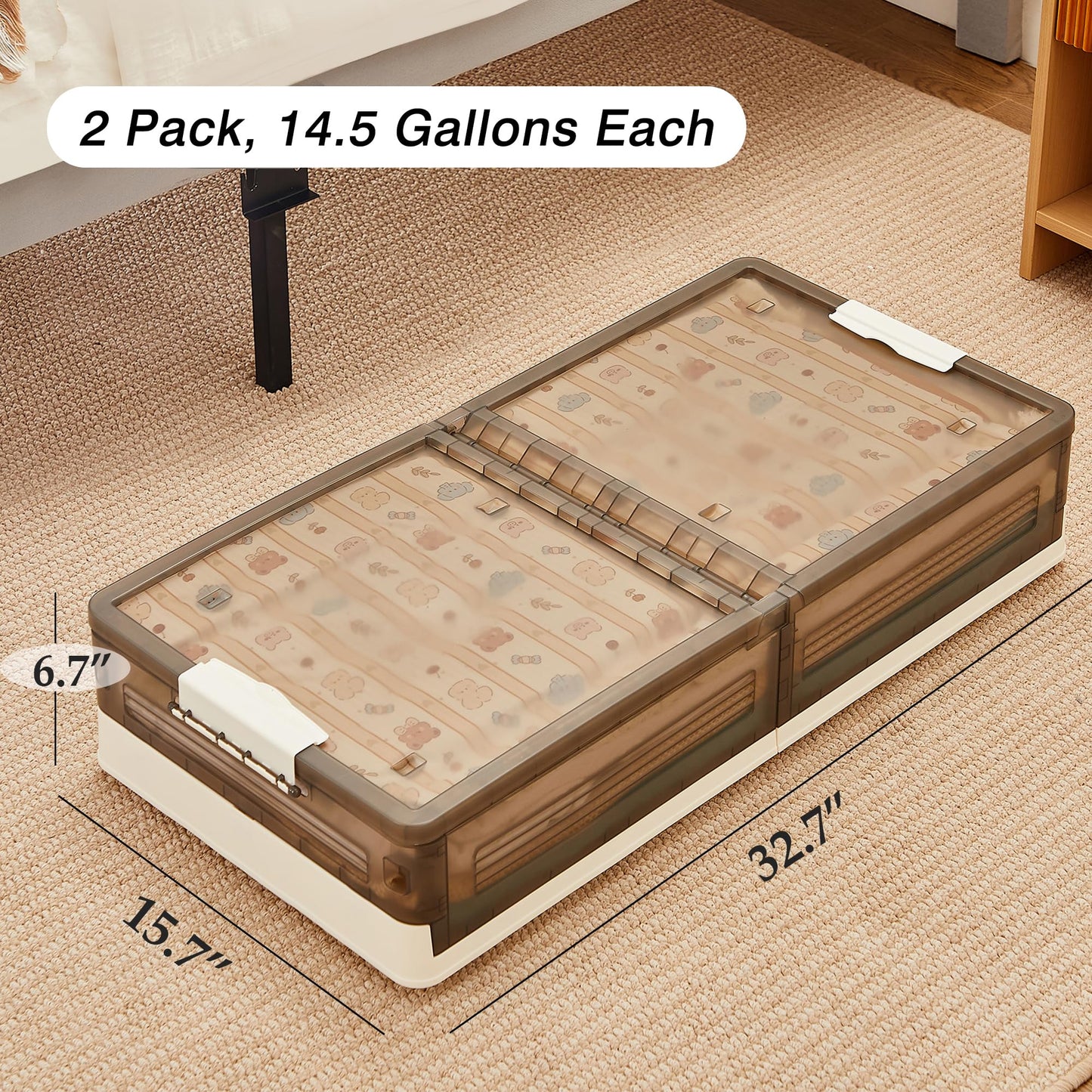 VECELO Under Bed Storage with Wheels, 2 Pack Stackable Under Bed Storage Containers, Underbed Storage Containers with Lids, Plastic Foldable Folding Box for Clothes Shoes, Grey