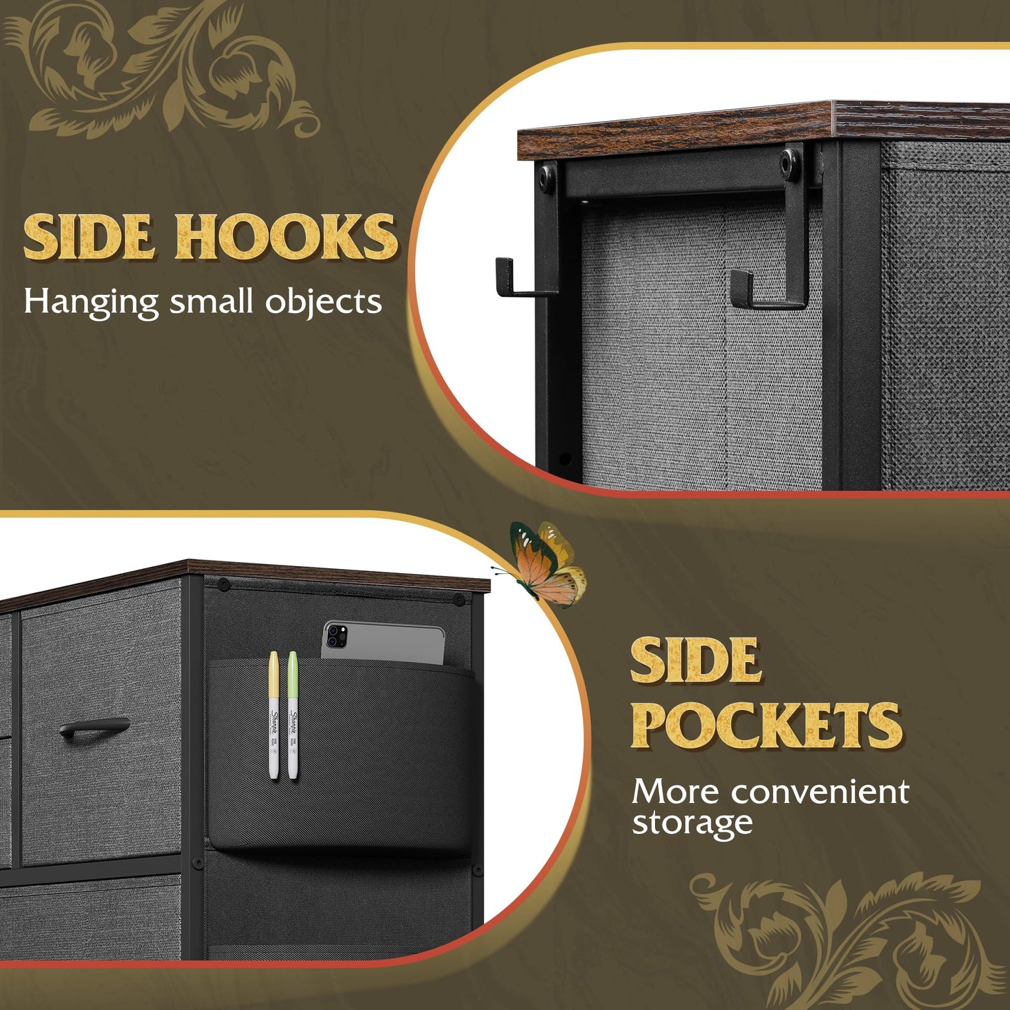 WLIVE Dresser for Bedroom with 10 Drawers, Fabric Dresser Chest of Drawers with Side Pockets and Hooks, Sturdy Metal Frame, Drawers Organizer Unit for Room, Hallway, Dark Gray