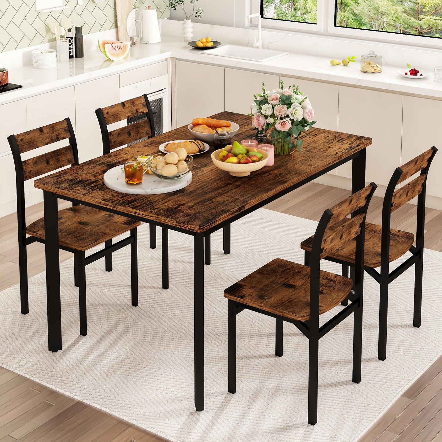 DKLGG Dining Room Table Set for 4 Farmhouse 5 Piece Dining Table Set, Small Kitchen Table Set for 4 for Kitchen and Dining, Apartment (Rustic Brown)