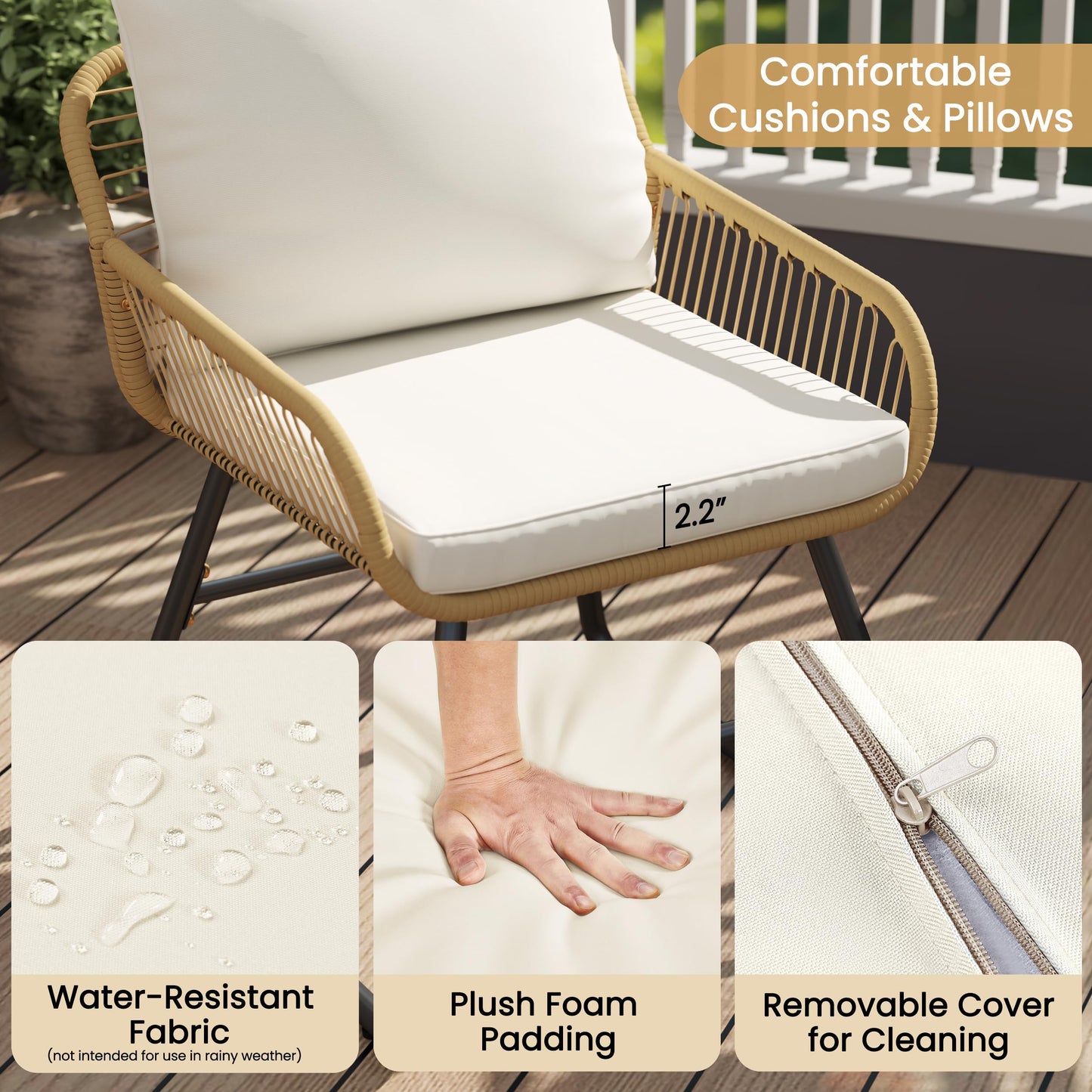 Yaheetech 3 Piece Patio Bistro Set Outdoor Wicker Bistro Furniture Sets, 2 Rattan Chairs and Glass Top Table for Patio, Balcony, Porch, Poolside, Backyard - Tan/Cream