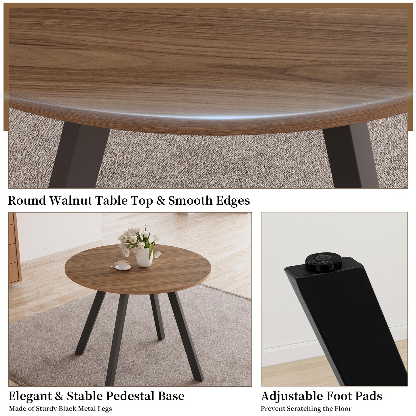 Zerifevni 34.6'' Round Dining Table and Chairs for 4 Space Saving for Apartment Kitchen Dining Room (Walnut Table+4 U-Shaped Brown Chairs)