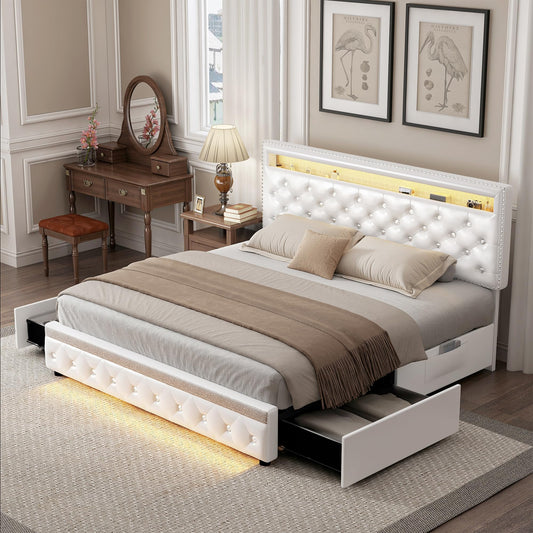 Torana Queen LED Bed Frame with 2 Drawers, PU Upholstered Platform Beds with Adjustable Storage Headboard, Crystal Button Tufted Wingback Bedframe with Wooden Slats, No Box Spring Needed, White