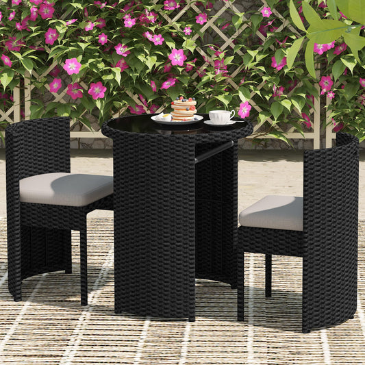 TWT 3 Pieces Fully Assembled Aluminum Outdoor Patio Bistro Set All-Weather Wicker Patio Furniture with Tempered Glass Table & Patio Chairs for Poolside Porch Deck Apartment Black