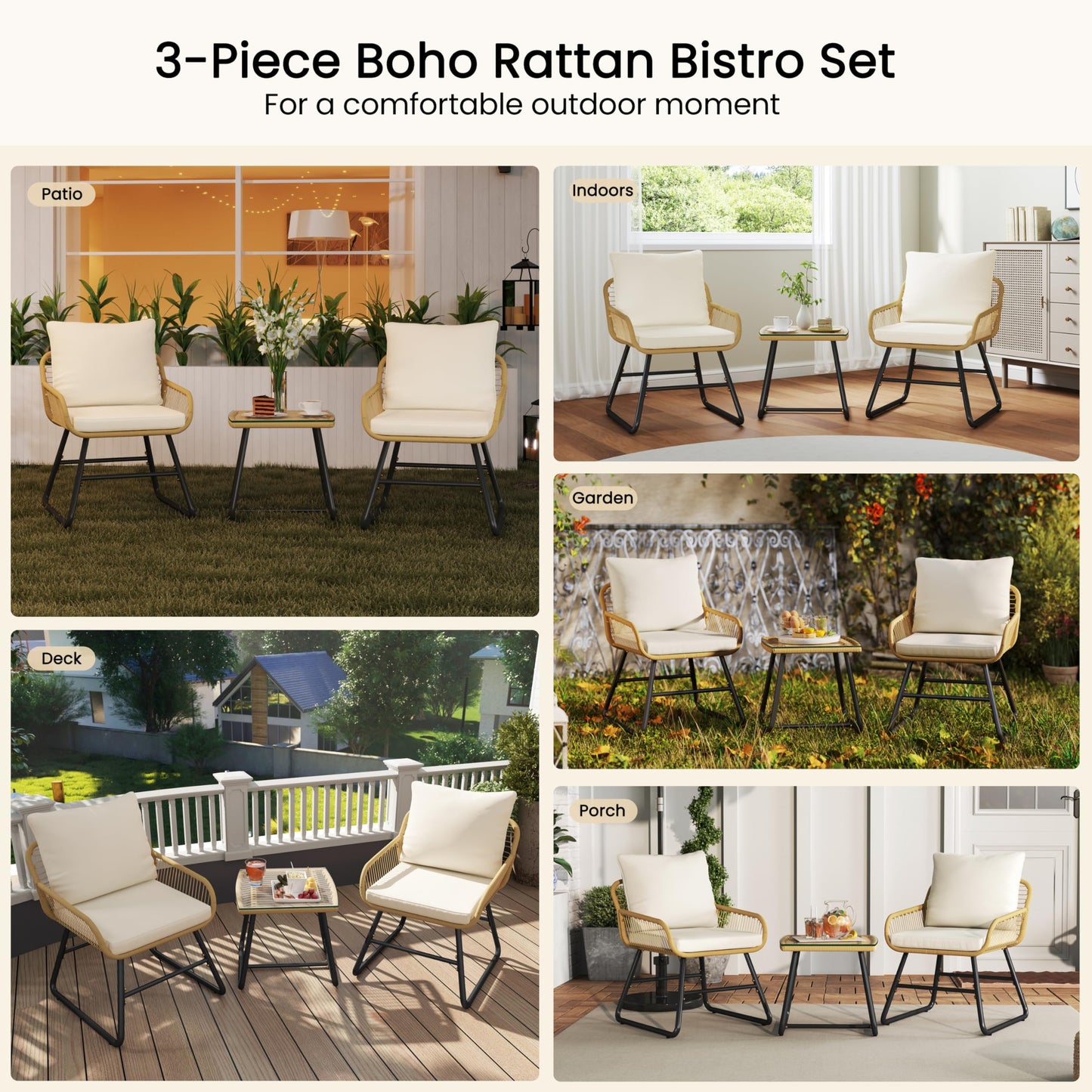 Yaheetech 3 Piece Patio Bistro Set Outdoor Wicker Bistro Furniture Sets, 2 Rattan Chairs and Glass Top Table for Patio, Balcony, Porch, Poolside, Backyard - Tan/Cream