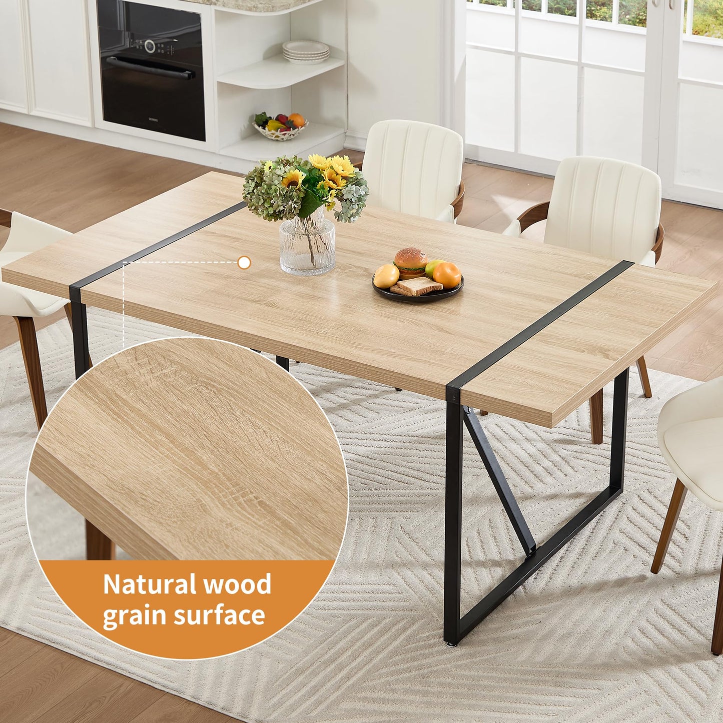 VipDesk 70.8" × 39.4" Farmhouse Dining Table for 6 to 8, Rectangular Dinner Table with Sturdy Metal Frame for Kitchen Dining Room Living Room - Natural Wood