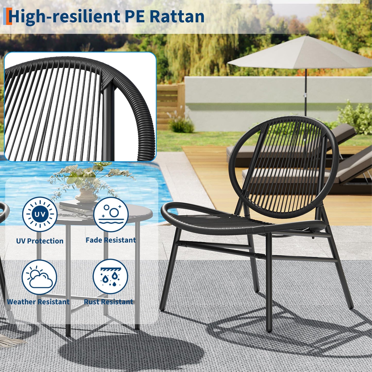 3 Piece Patio Bistro Set, Outdoor Seating Acapulco Chairs, All Weather Modern Patio Chairs Set of 2 with Side Table, Small Patio Conversation Bistro Set for Garden, Backyard, Balcony, Porch, Black