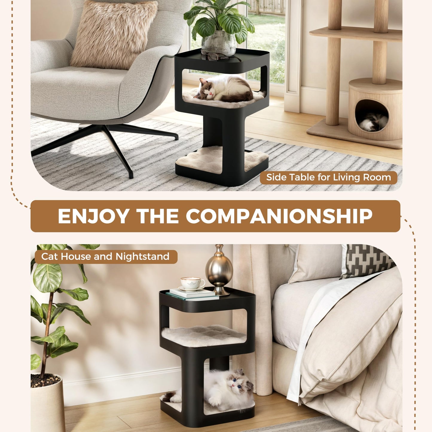 EUREKA ERGONOMIC Side Table Cat Beds, Metal Nightstand with Cat House, Square End Table with 3 Tier Storage, Modern Side Table Small End Beside Table for Living Room Bedroom Indoor, No Assembly, Black