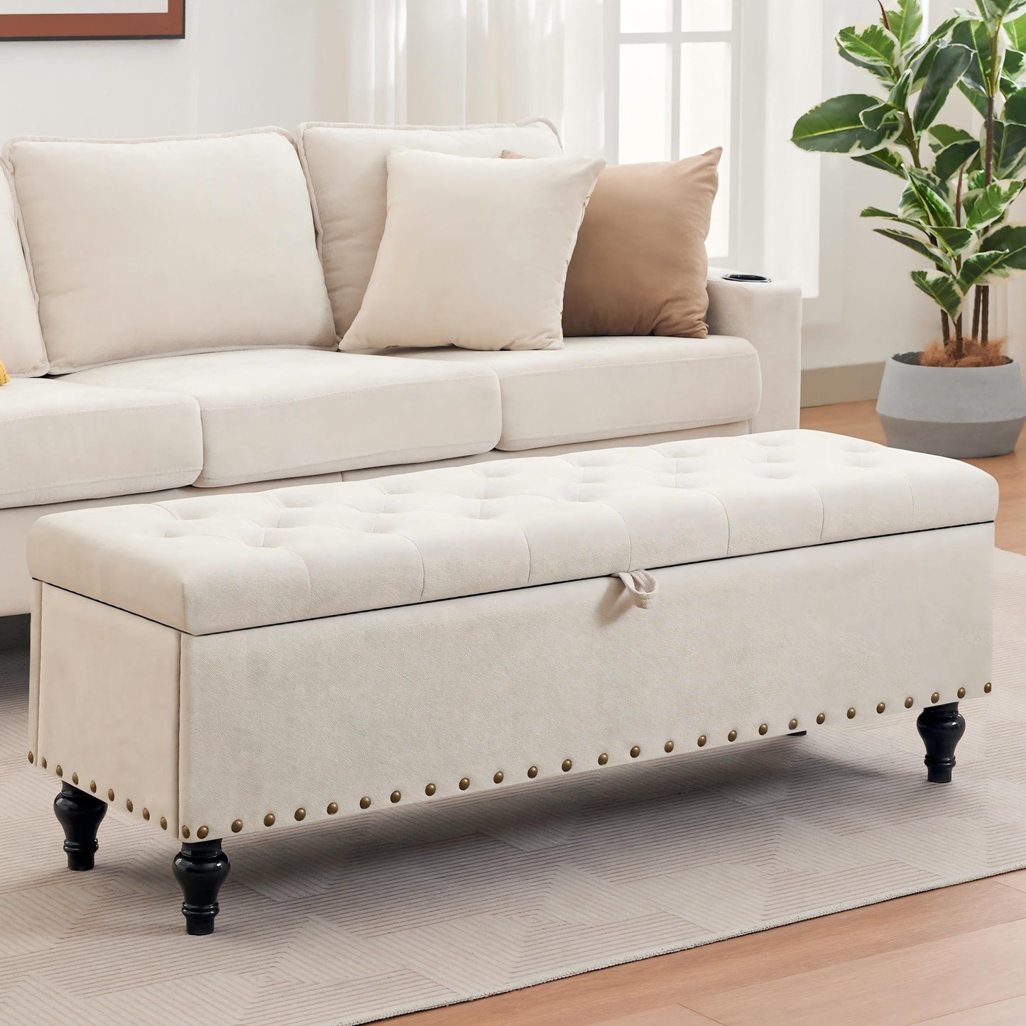 Mangodan51” Linen End of Bed Storage Bench, Tufetd Upholstered Storage Ottoman Bench with Safety Hinge, 330 lb Large Ottoman with Storages for Living Room, Entryway & Bedroom, Window Benches, Beige